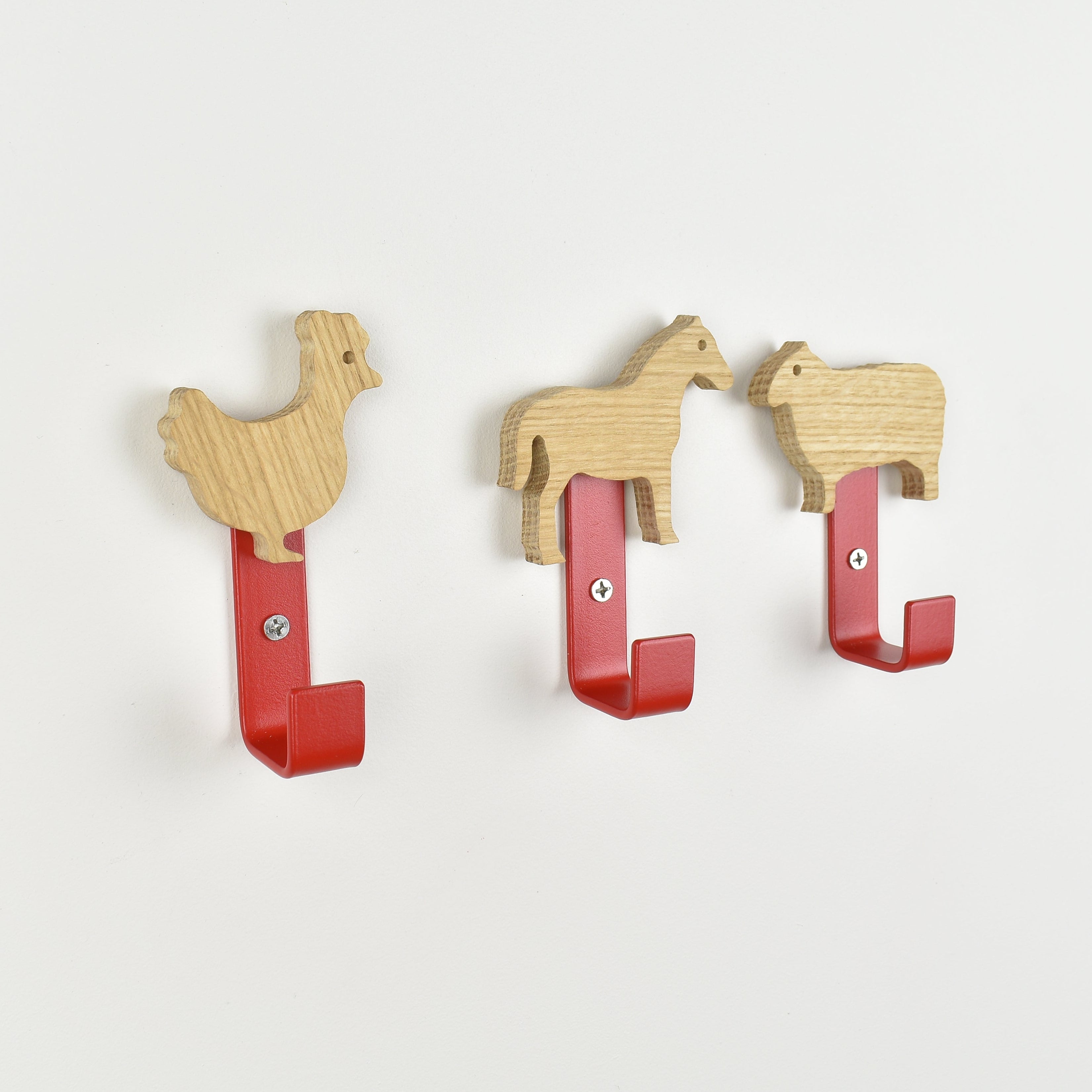 Farm animal wall hooks side angle - chicken horse sheep oak nursery decor