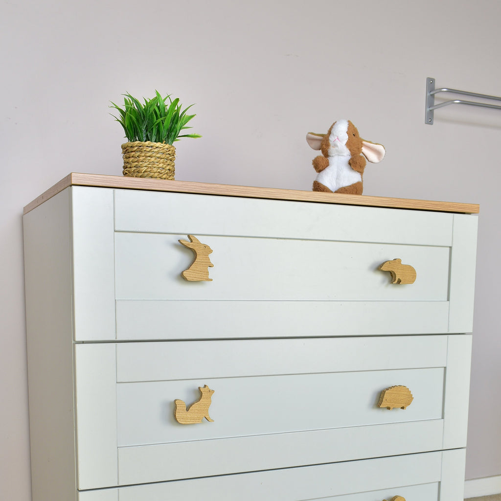 Woodland animal drawer knobs left angle - Rabbit Mouse Fox Hedgehog oak handles for kids