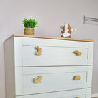 Woodland animal drawer knobs left angle - Rabbit Mouse Fox Hedgehog oak handles for kids