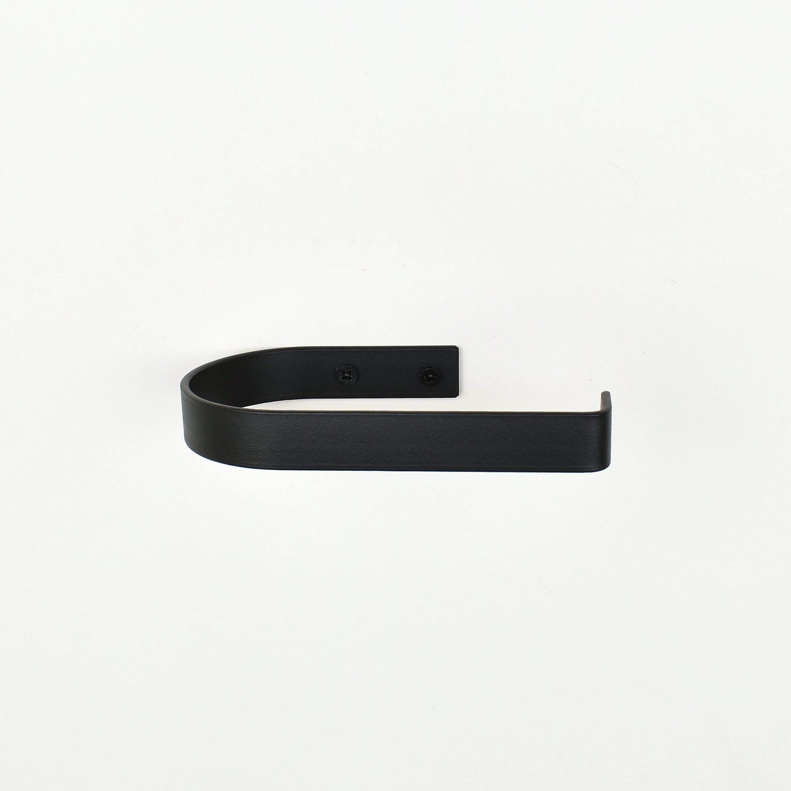 rounded edge black metal toilet roll holder with a white background - front view