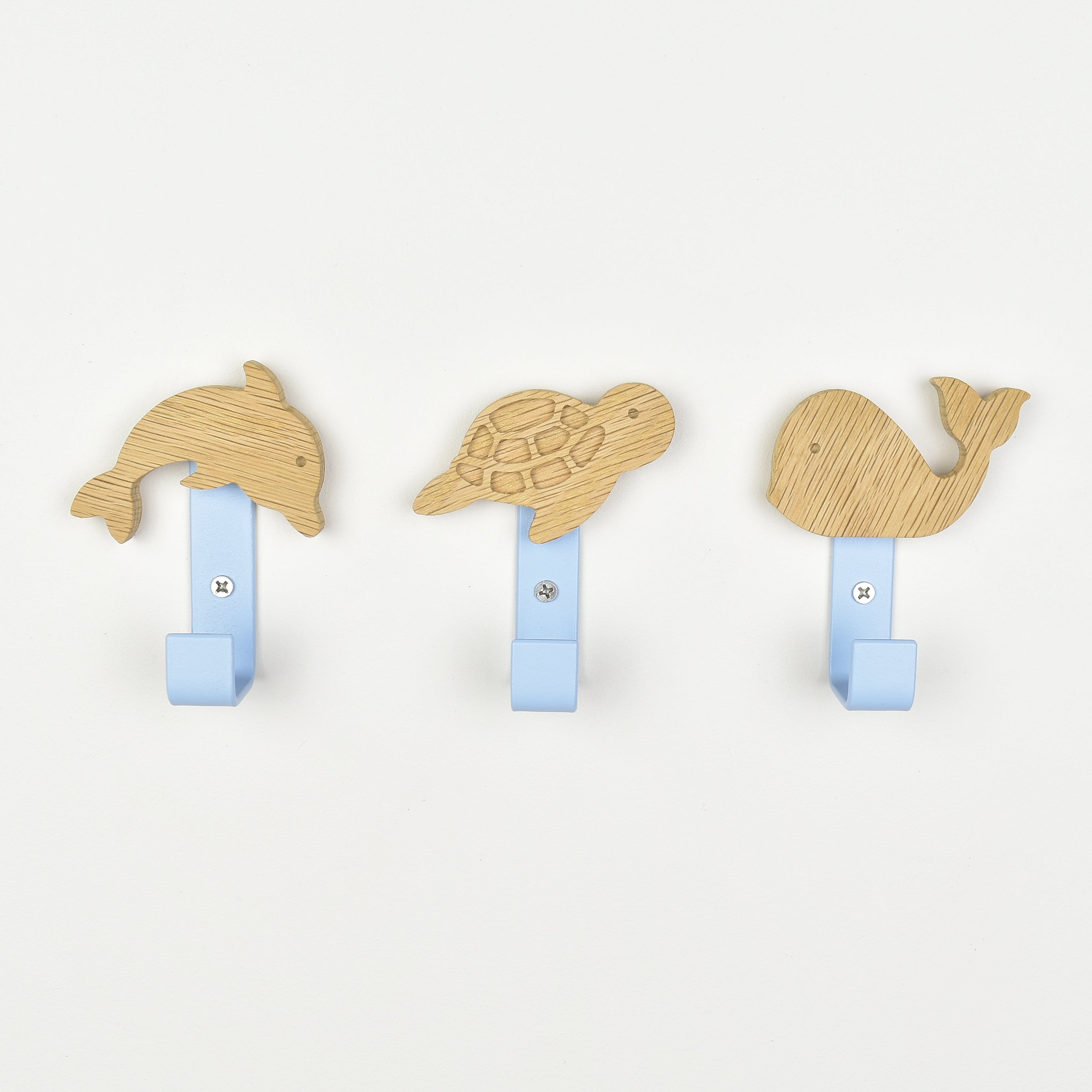 Ocean animal wall hooks front view -  dolphin turtle whale wooden children's bedroom hooks