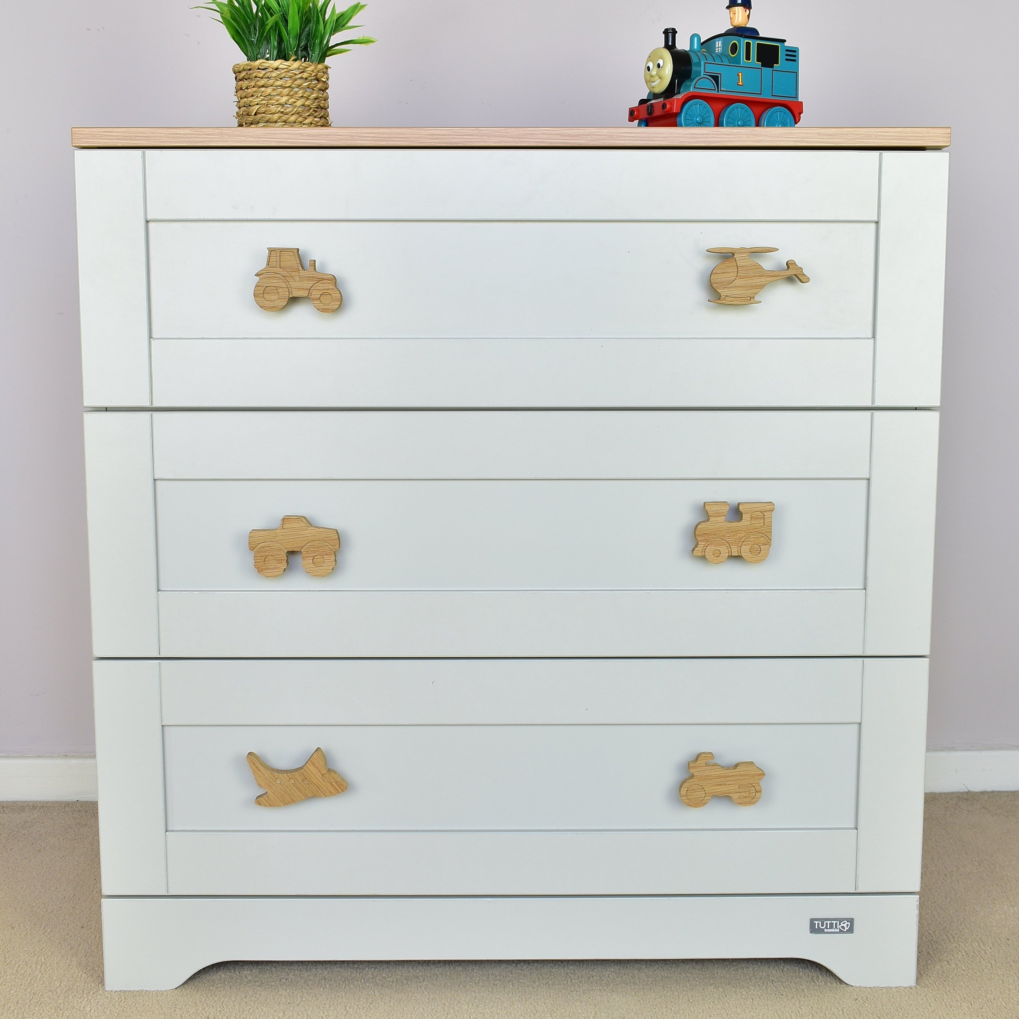 Transport oak drawer handles front view - 6 designs tractor helicopter monster truck train aeroplane motorbike kids nursery