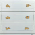 Transport oak drawer handles close-up front view - tractor helicopter monster truck train aeroplane motorbike handcrafted detail