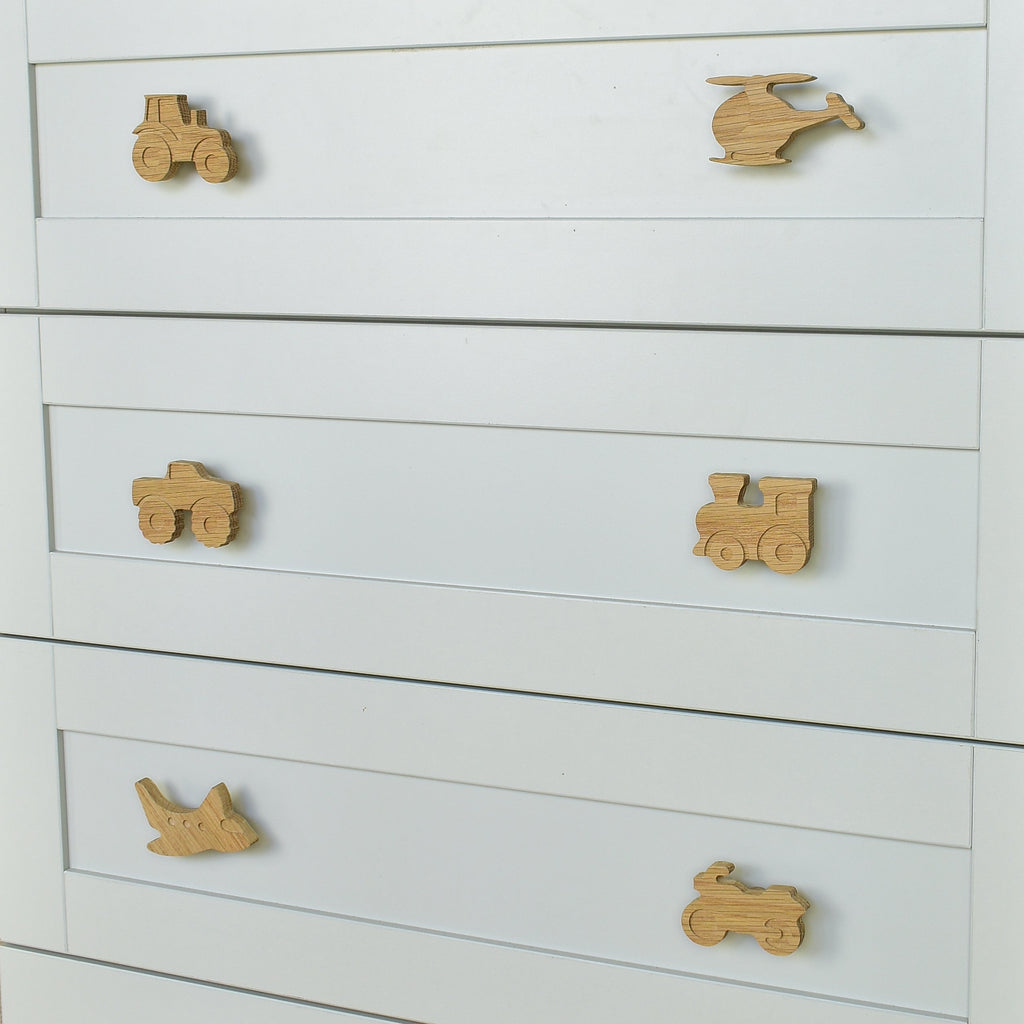 Vehicle oak drawer handles left view - tractor helicopter monster truck train aeroplane motorbike kids nursery decor