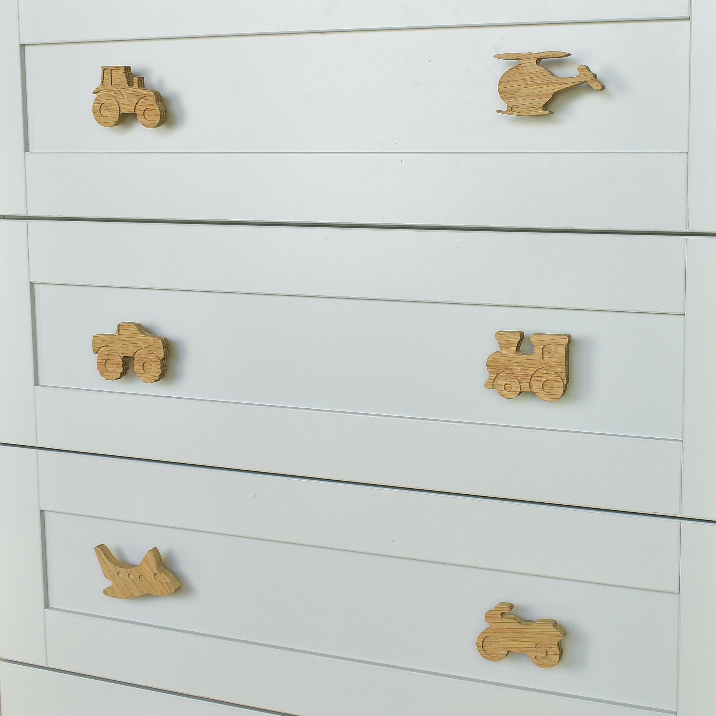 Vehicle oak drawer handles left view - tractor helicopter monster truck train aeroplane motorbike kids nursery decor
