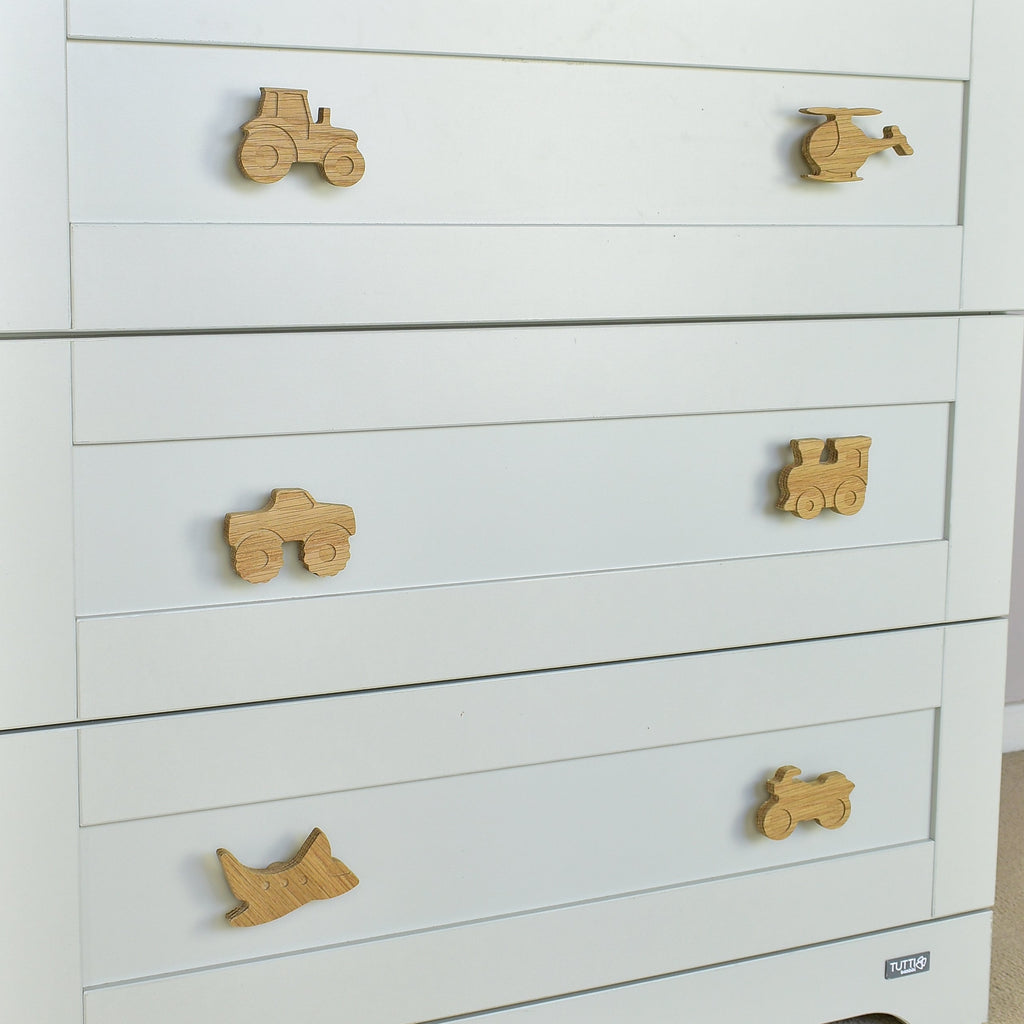 Transport oak drawer handles close-up left angle - tractor helicopter monster truck train aeroplane motorbike handcrafted detail