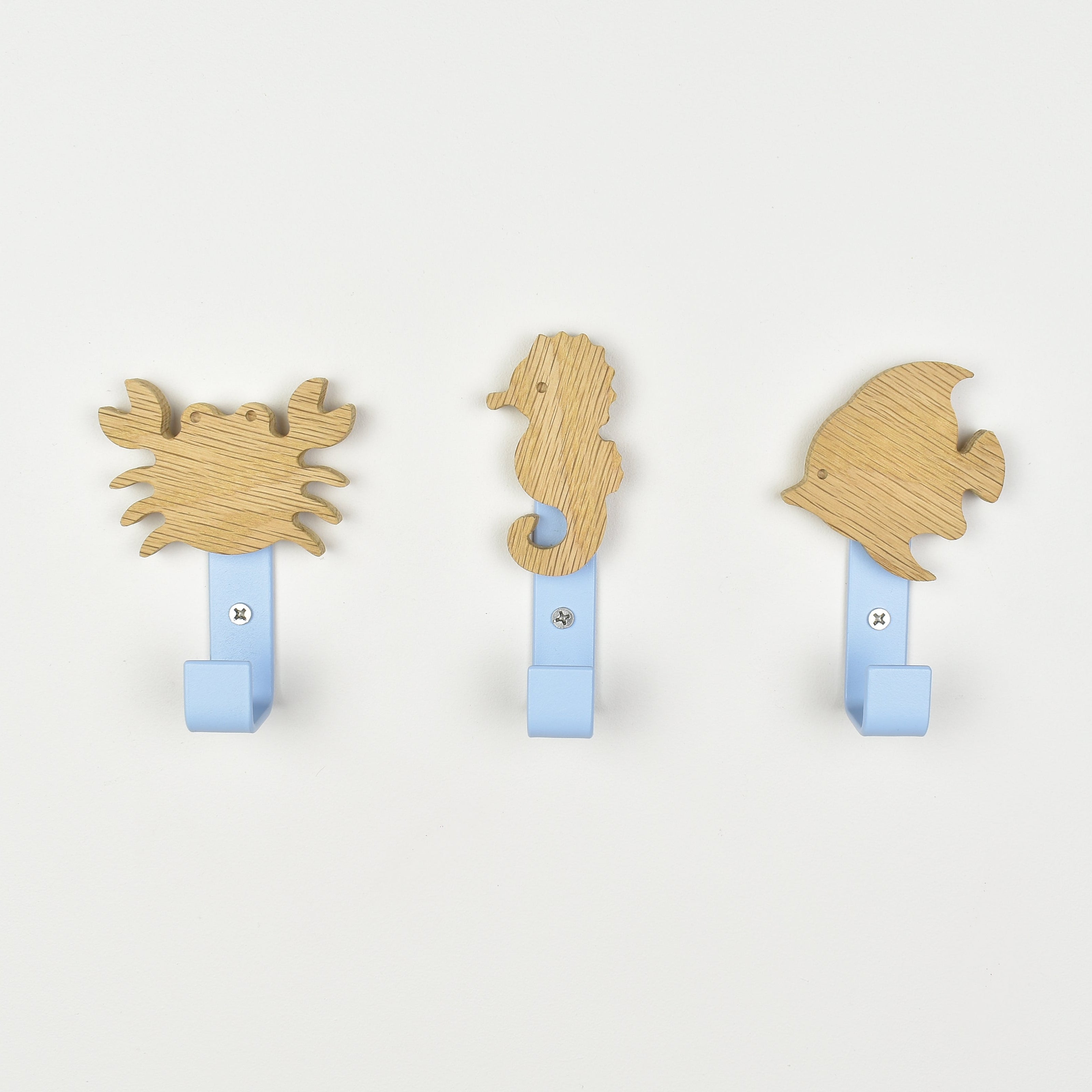 Sealife animal wall hooks front view - crab seahorse angelfish wooden hooks for children's room