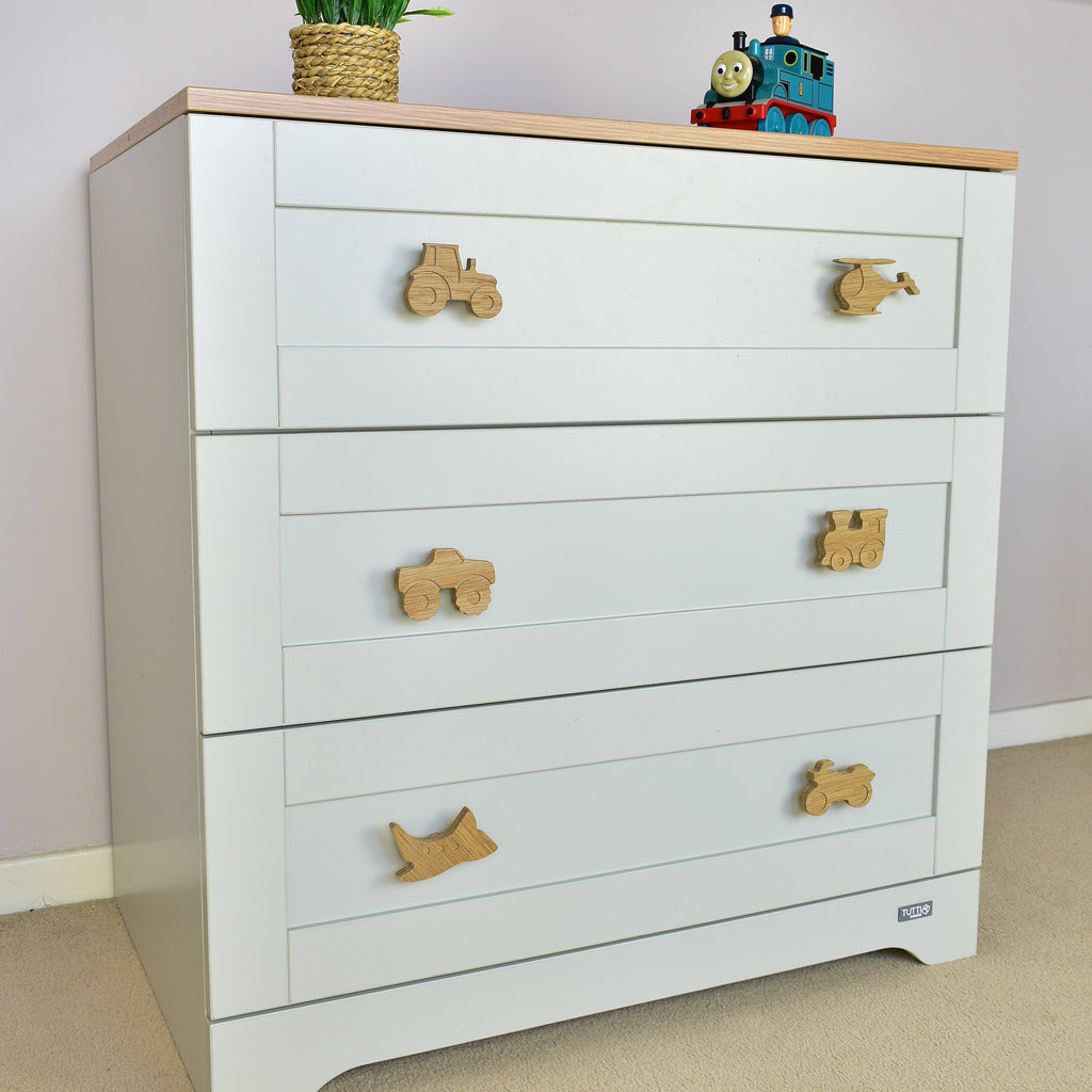 Transport oak drawer handles - 6 designs tractor helicopter monster truck train aeroplane motorbike kids nursery decor