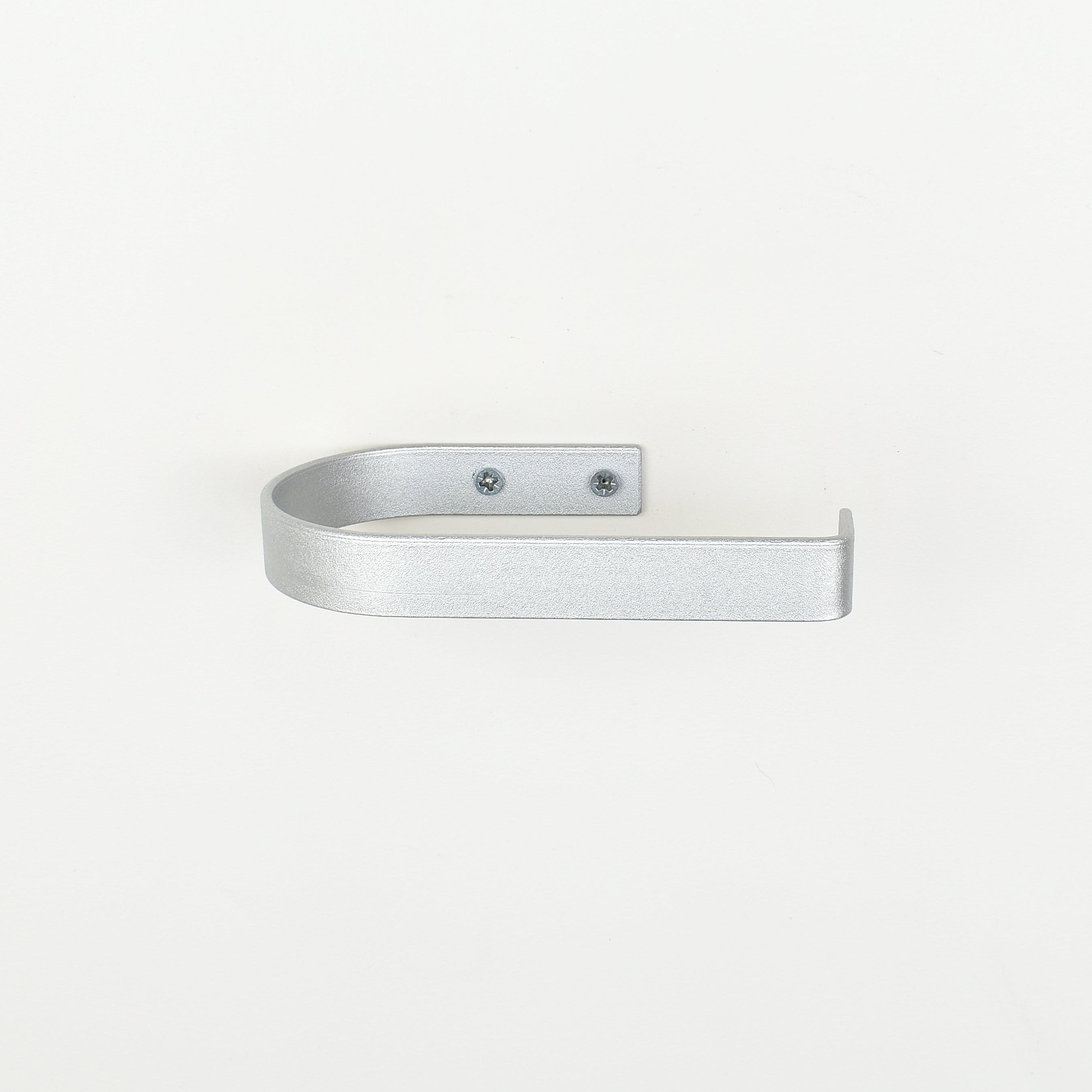 rounded edge silver metal toilet roll holder with a white background - front view