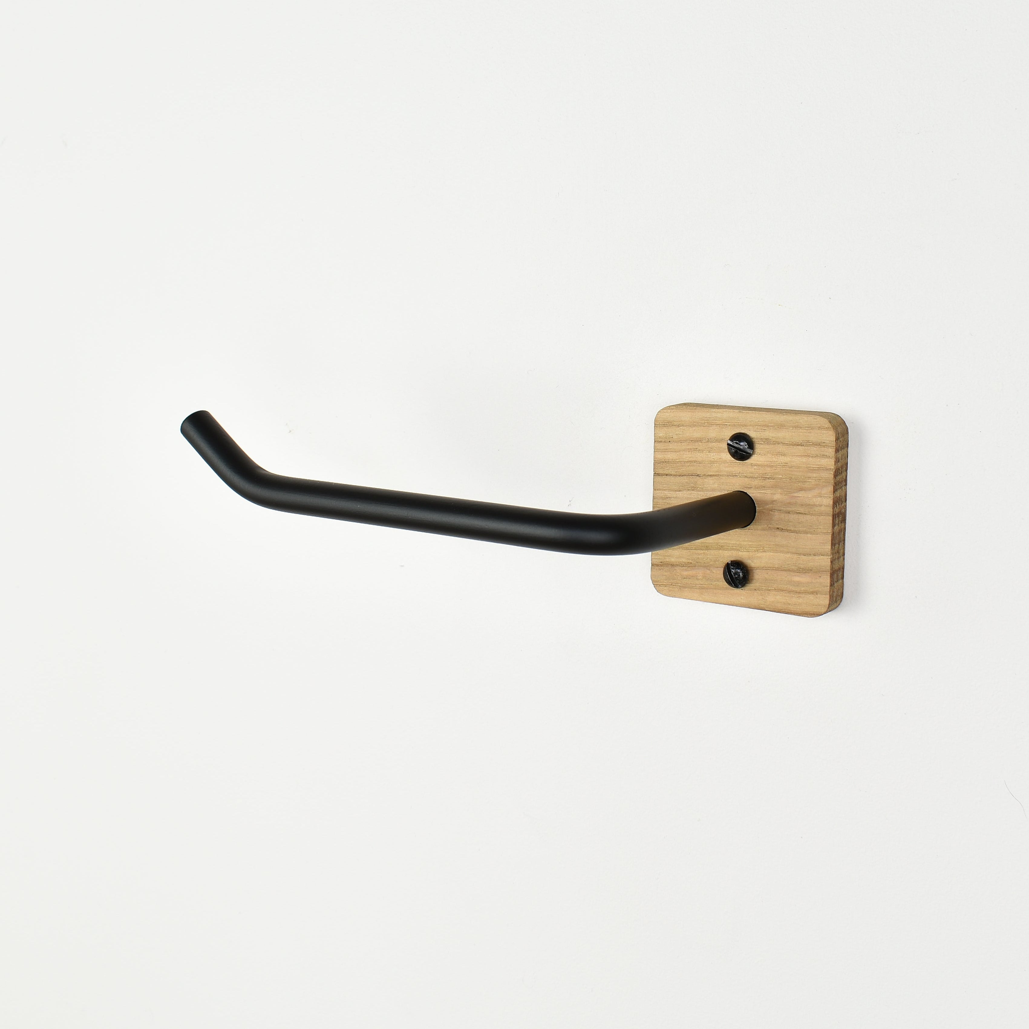 black steel bar with oak fixing toilet roll holder right view showing close up of fixing