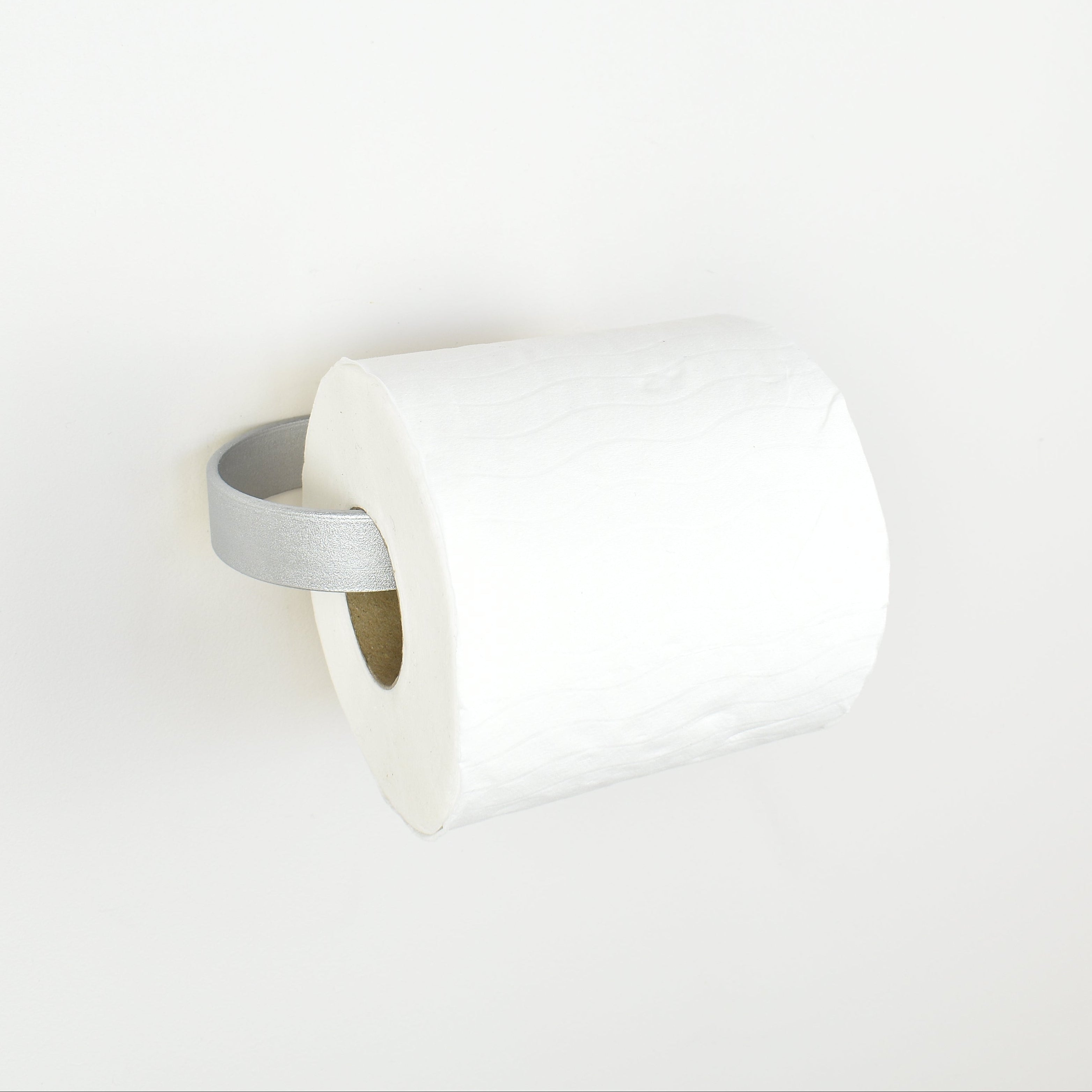 roll of toilet paper on a silver metal toilet roll holder - left view