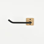 Oak and black steel bar toilet roll holder - front view showing fixings