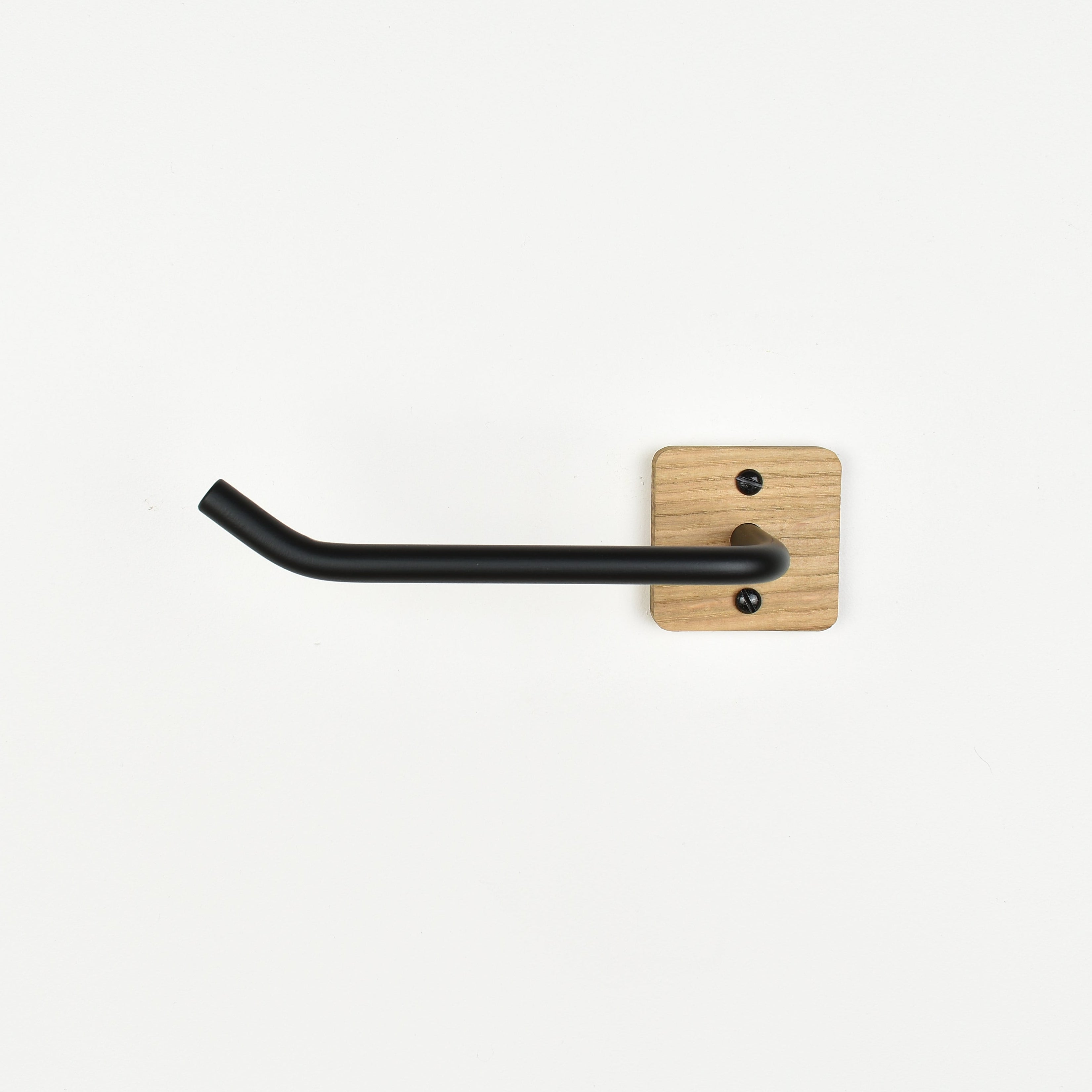 Oak and black steel bar toilet roll holder - front view showing fixings