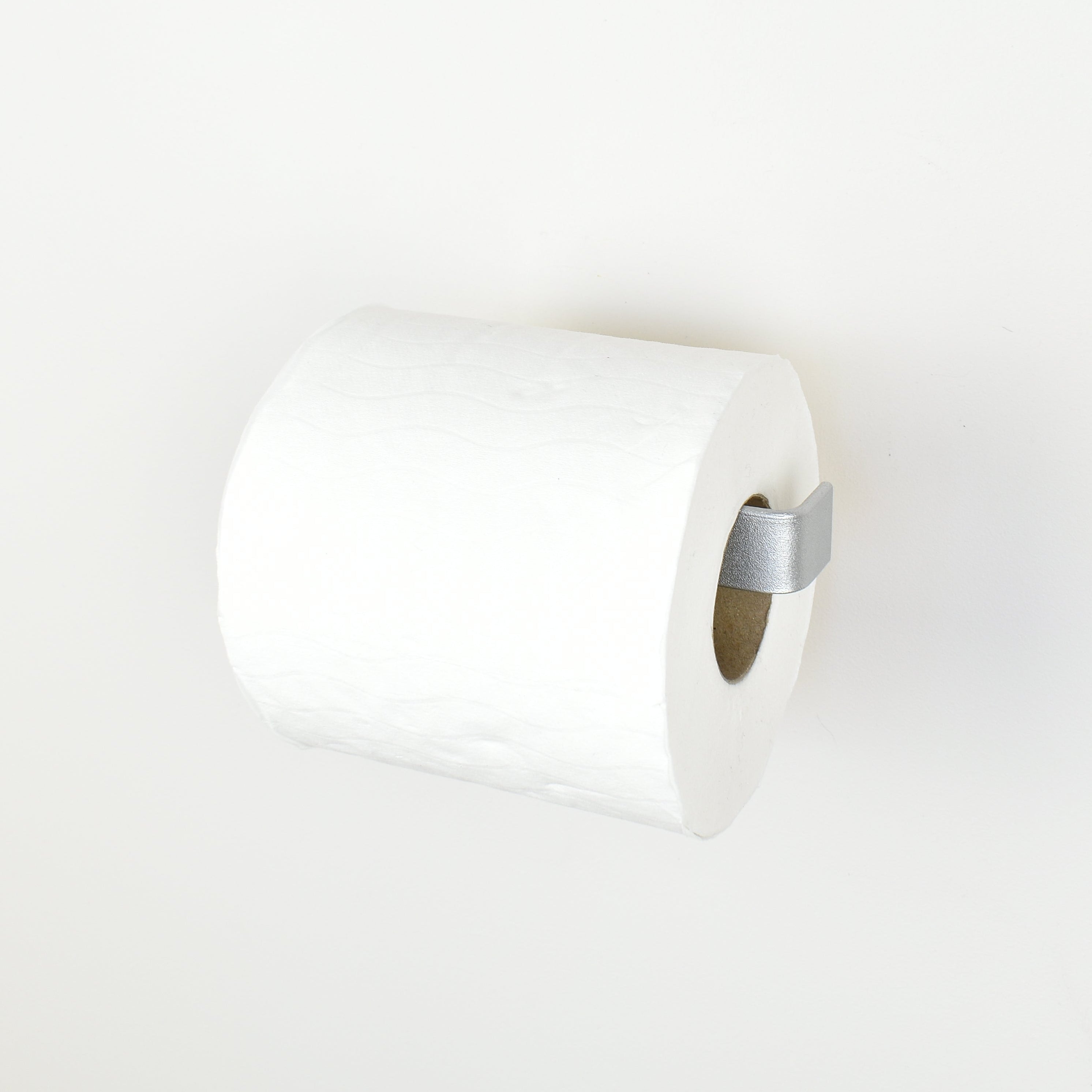 roll of toilet paper on a silver metal toilet roll holder - right view