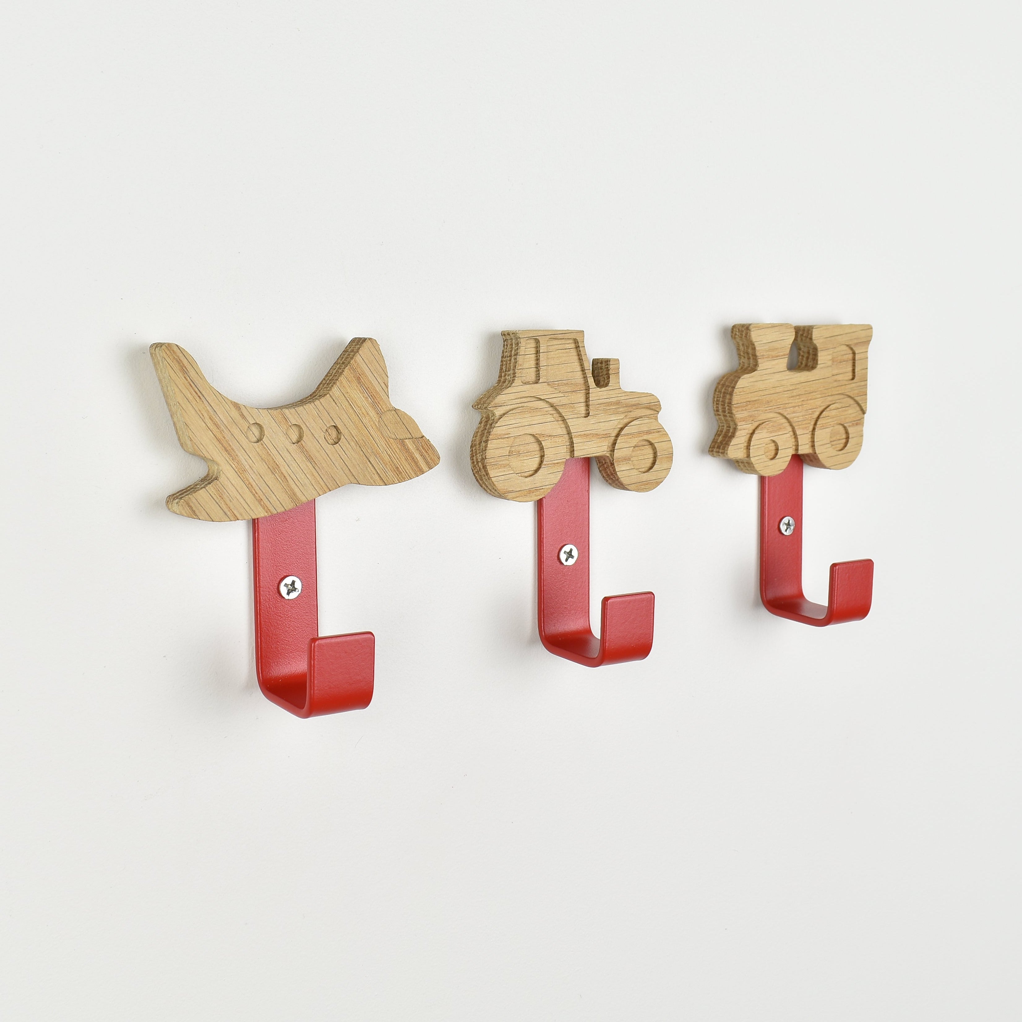 Transport wall hooks side angle - airplane tractor train oak bedroom decor