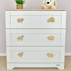 Farmyard animal oak drawer handles front view - 6 designs tractor cow horse pig chicken sheep kids nursery