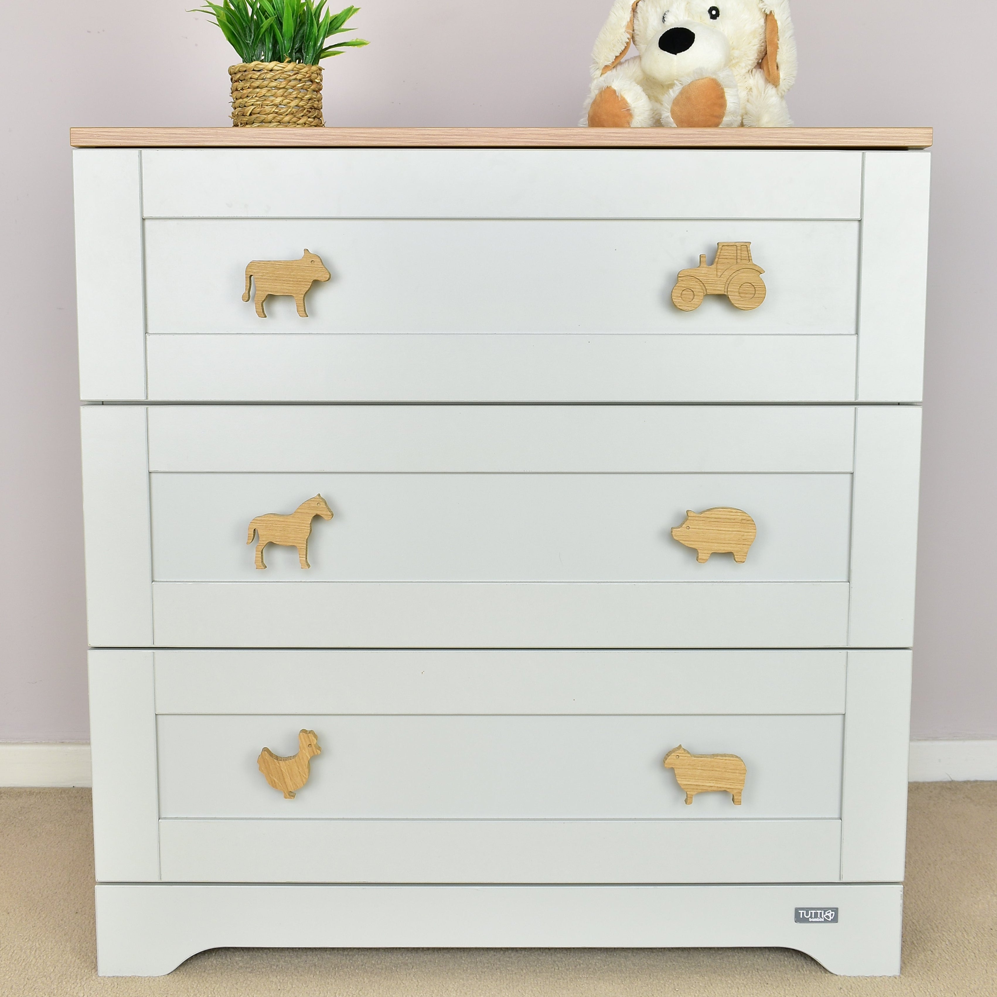 Farmyard animal oak drawer handles front view - 6 designs tractor cow horse pig chicken sheep kids nursery
