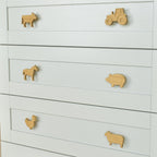 Farmyard oak drawer handles left view - tractor cow horse pig chicken sheep kids nursery decor 