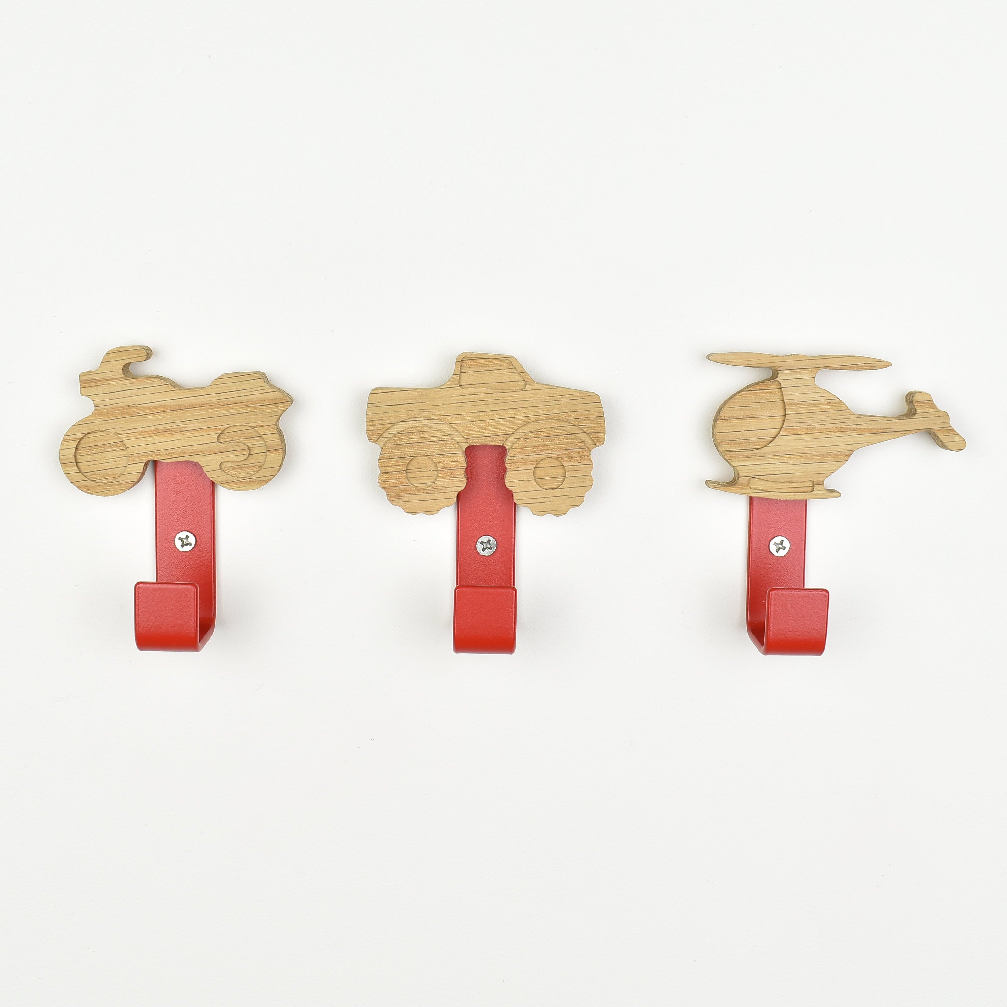 Transport vehicle wall hooks front view - motorbike monster truck helicopter wooden children's bedroom hooks
