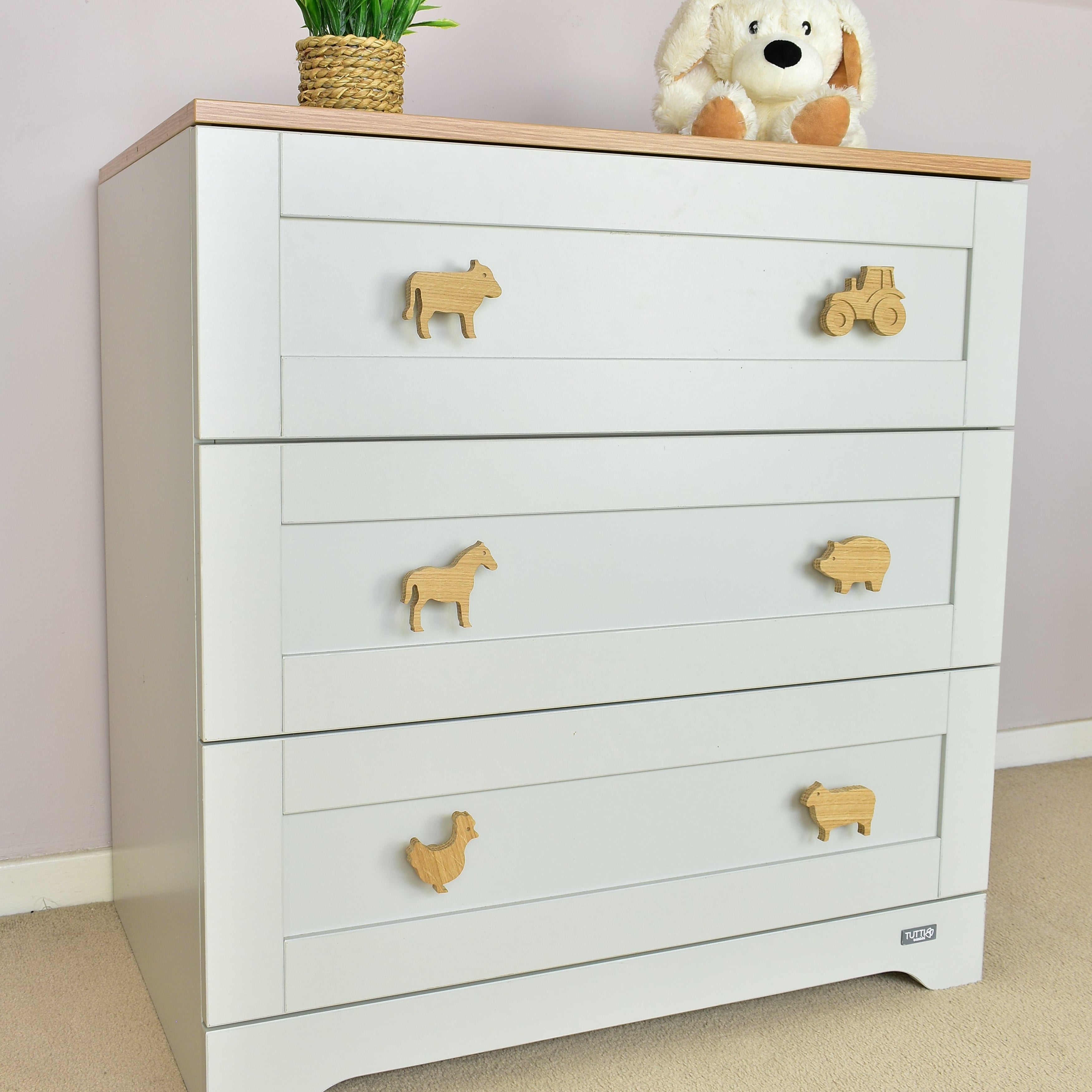 Farm animal oak drawer handles - 6 designs tractor cow horse pig chicken sheep kids nursery decor