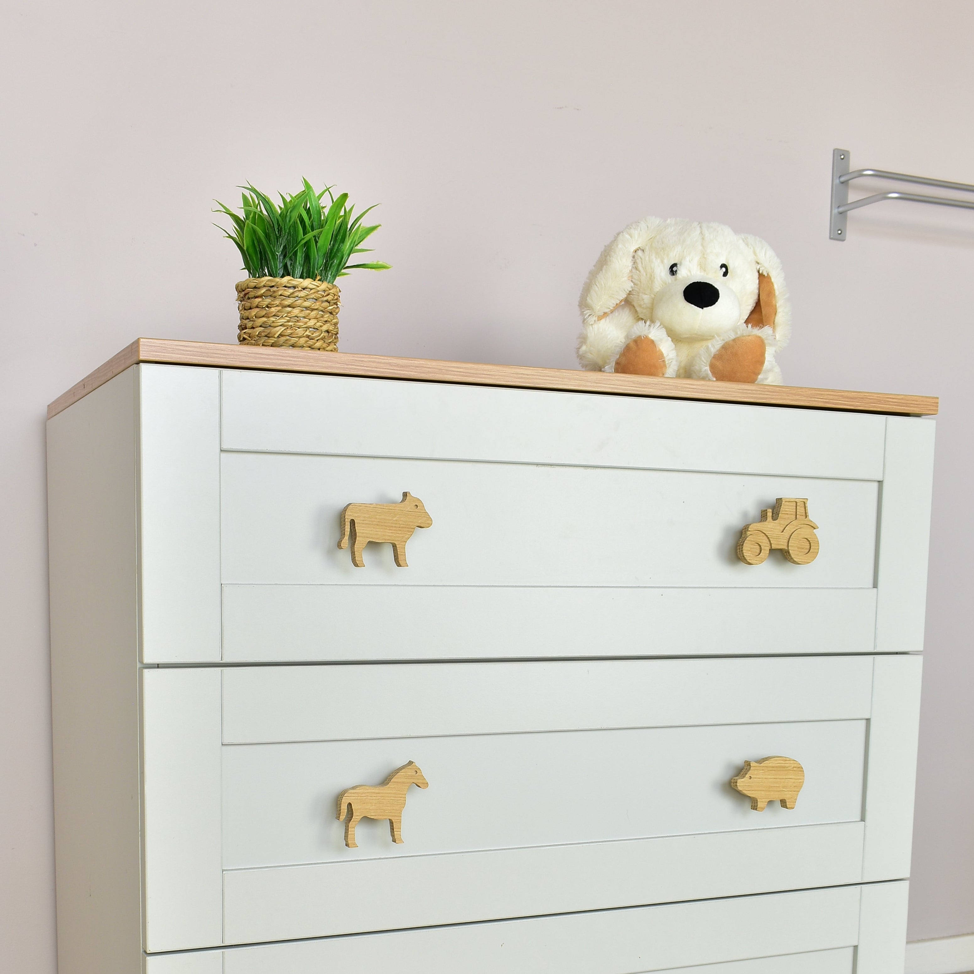 Farm animal oak drawer handles left angle - cow tractor horse pig kids nursery decor
