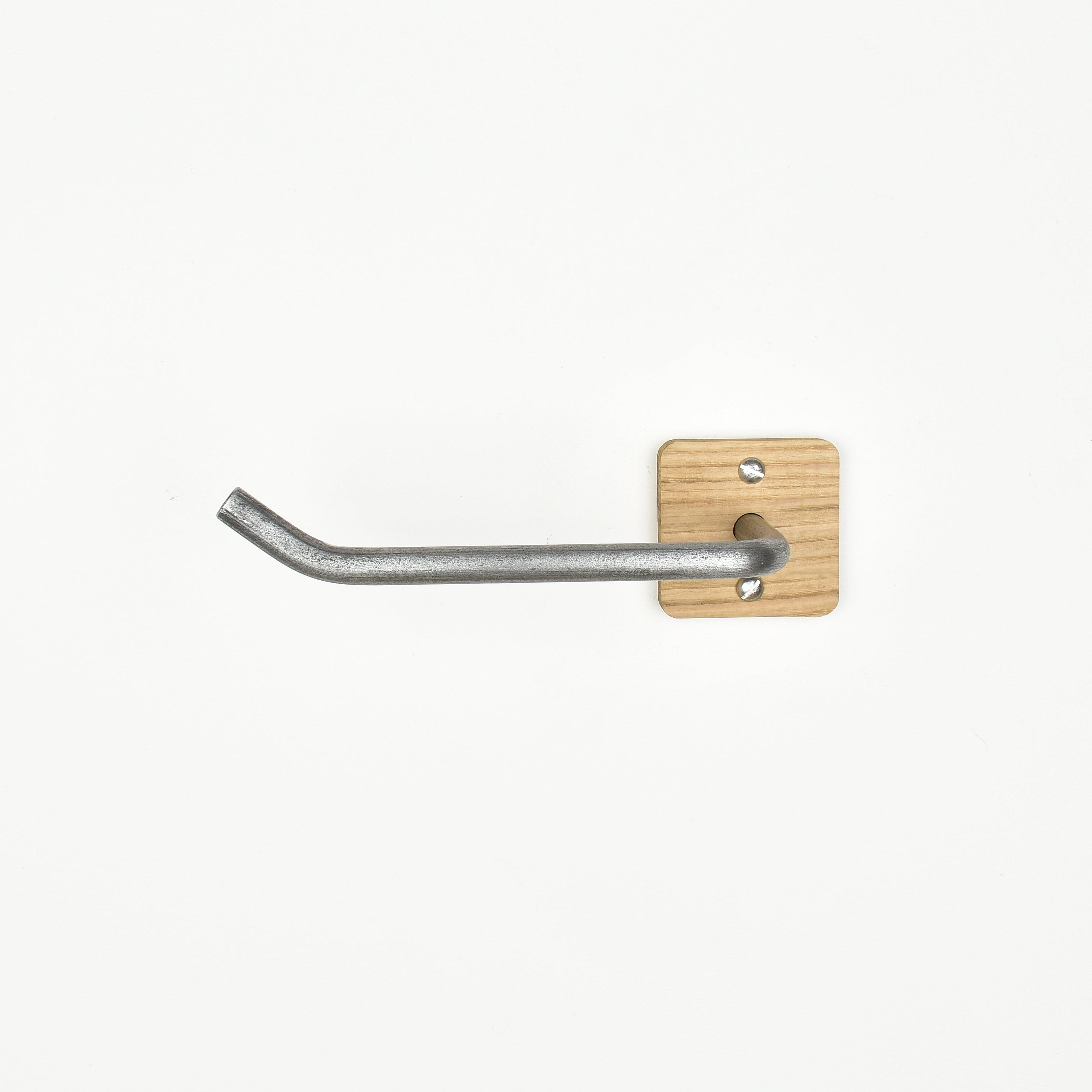 oak and pewter steel bar toilet roll holder - front view showing fixings