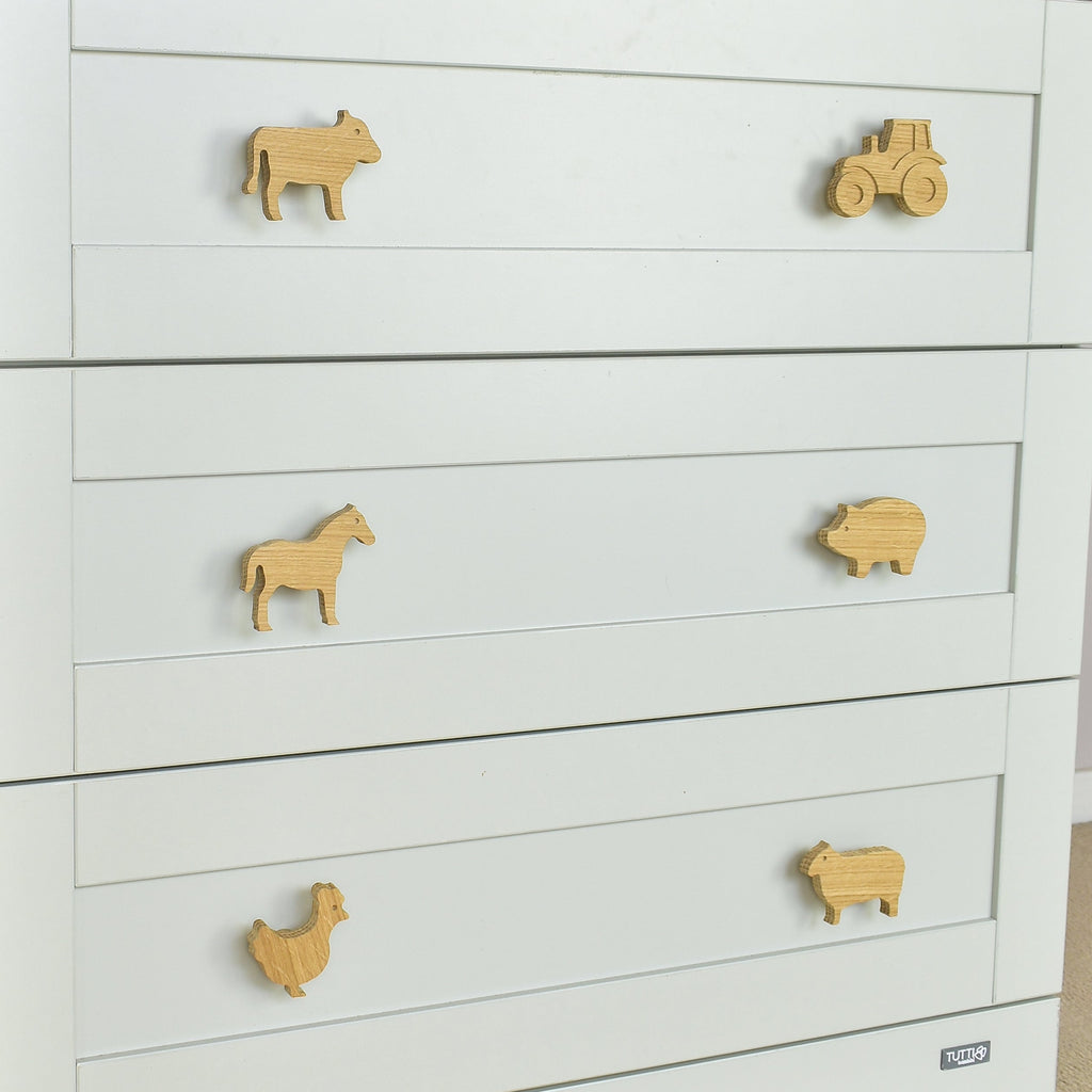 Farmyard oak drawer handles close-up left view - tractor cow horse pig chicken sheep kids nursery decor 