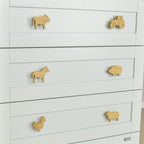 Farmyard oak drawer handles close-up left view - tractor cow horse pig chicken sheep kids nursery decor 