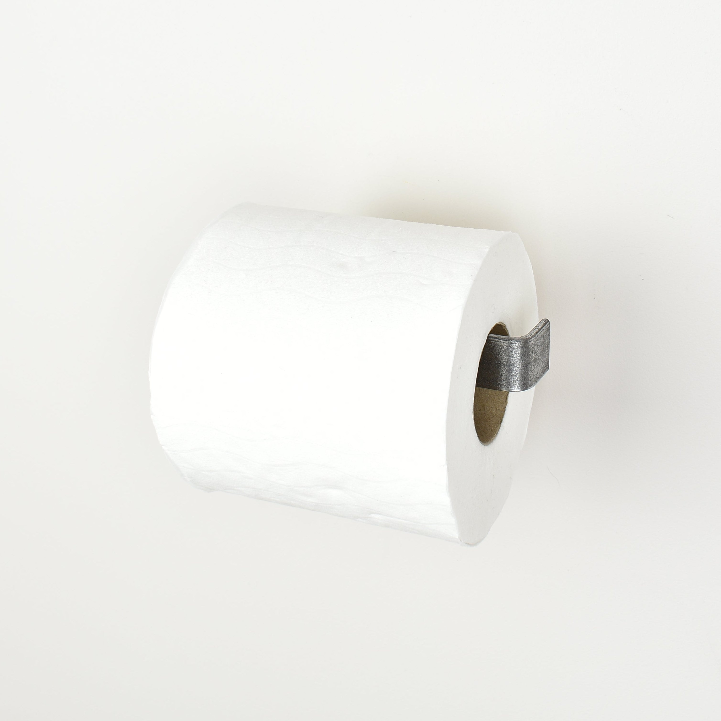 roll of toilet paper on a black metal toilet roll holder - right view