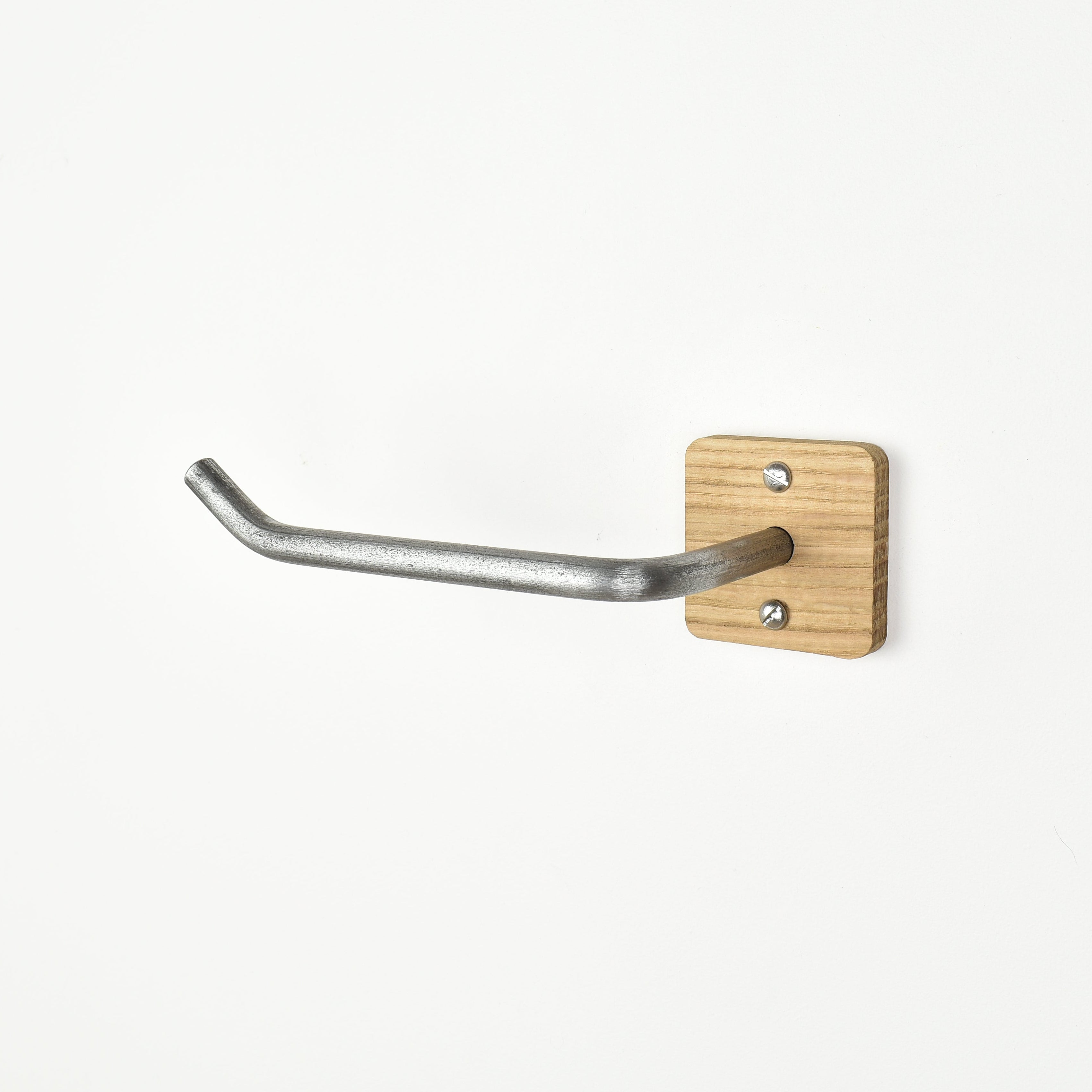 pewter steel bar with oak fixing toilet roll holder right view showing close up of fixing