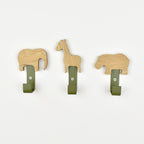 Safari animal wall hooks front view - elephant giraffe hippo wooden hooks for children's room