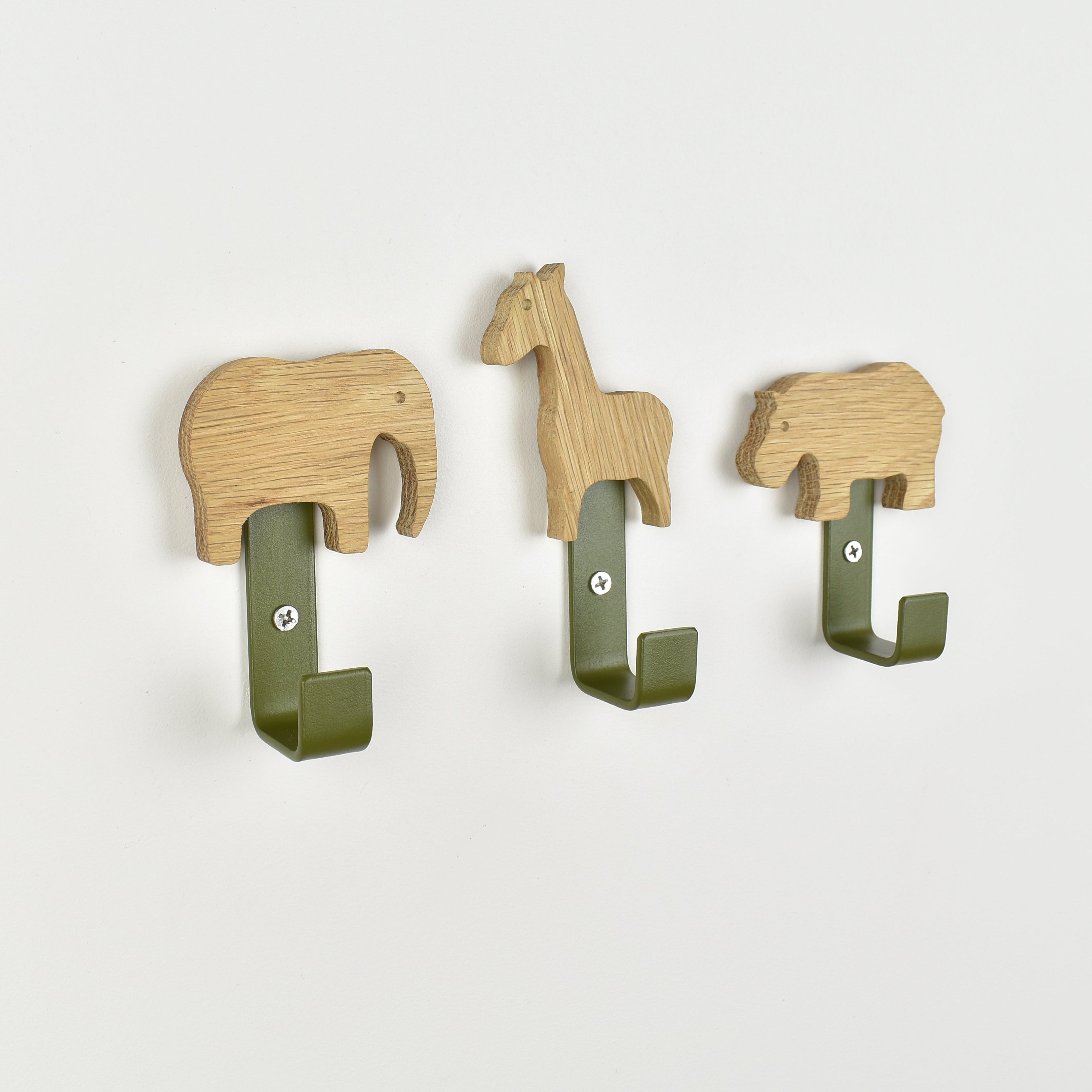 Safari animal wall hooks side angle - elephant giraffe hippo oak bedroom decor