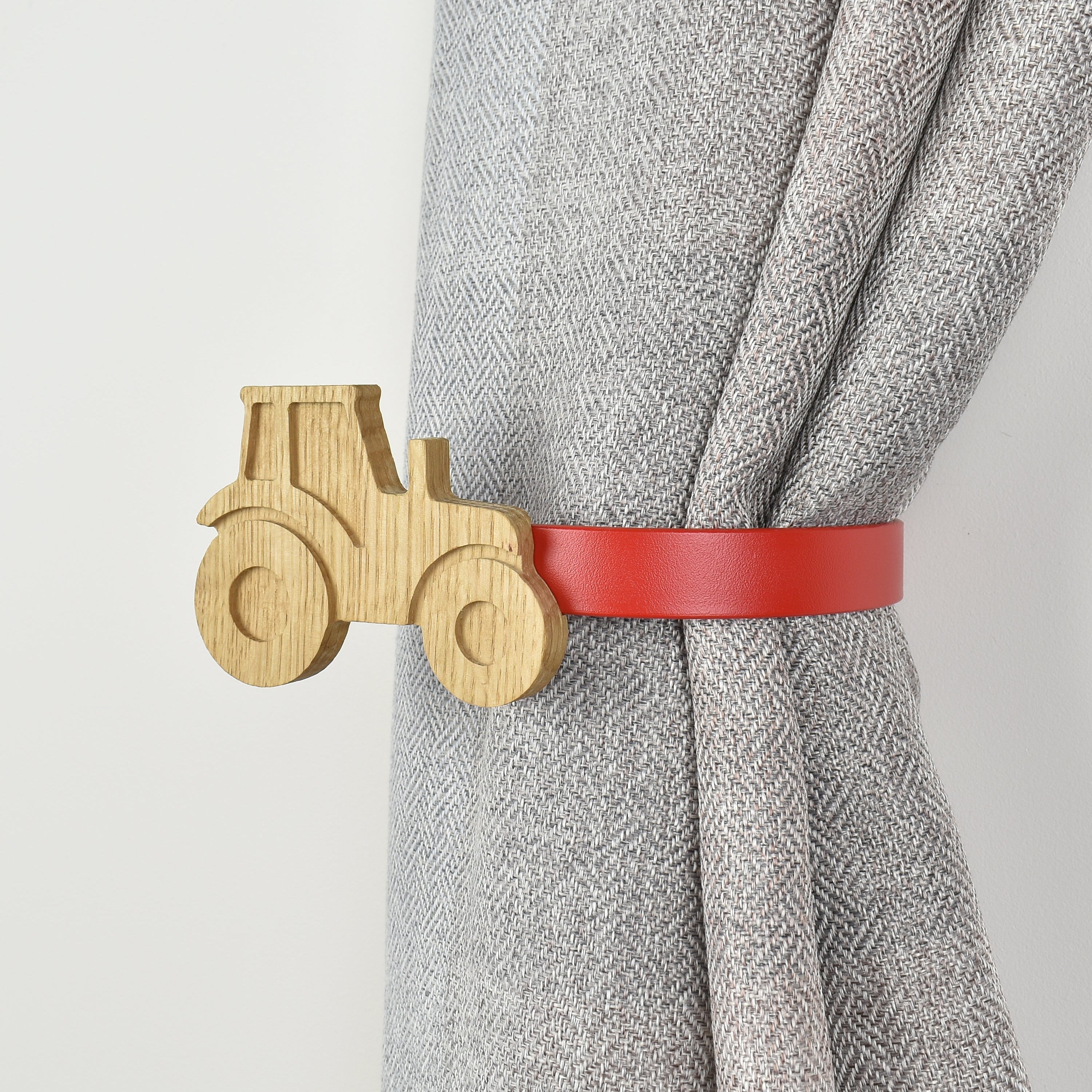 Farm animal curtain tieback right side view - Tractor oak tieback for kids 