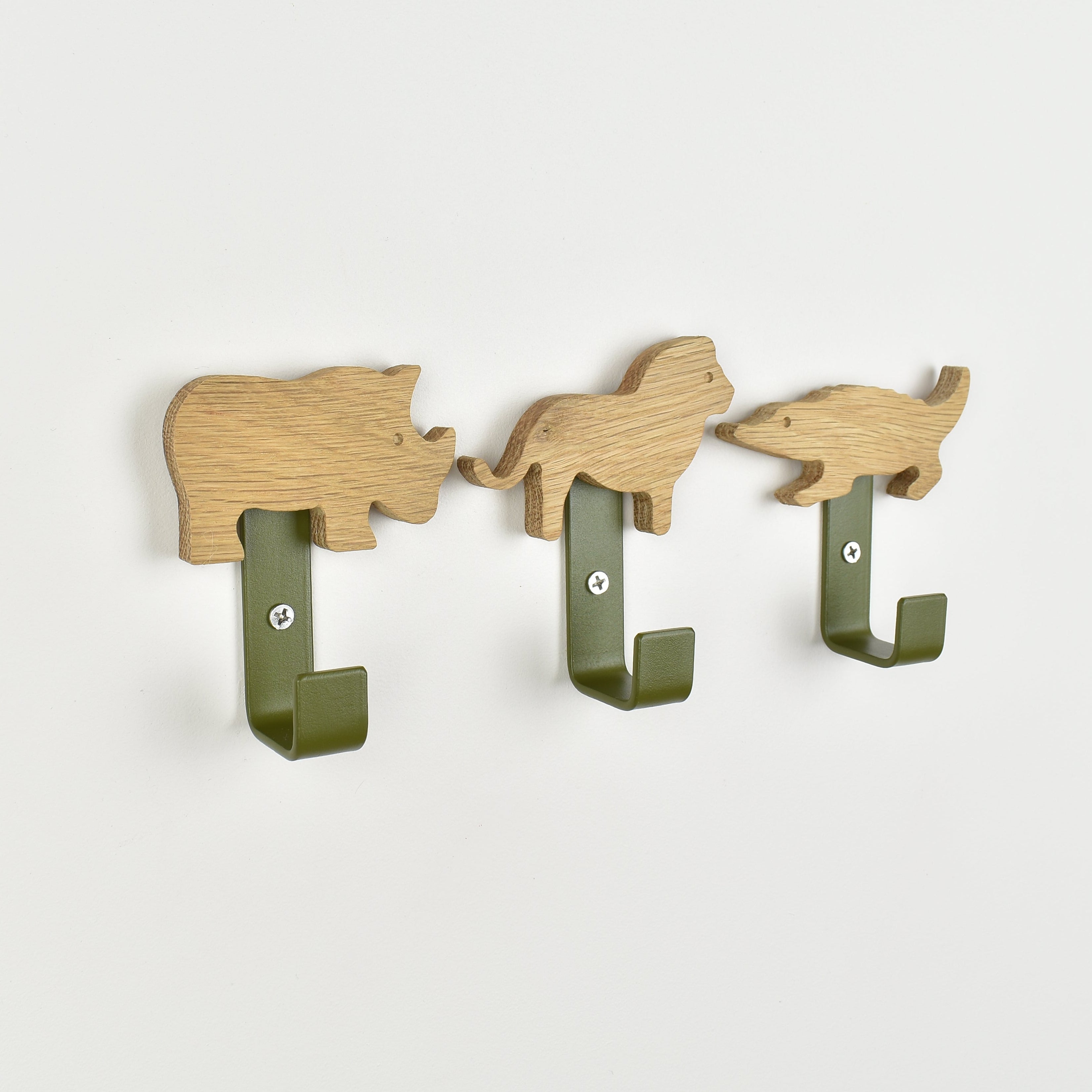 Safari animal wall hooks side angle - crocodile lion rhino oak nursery decor
