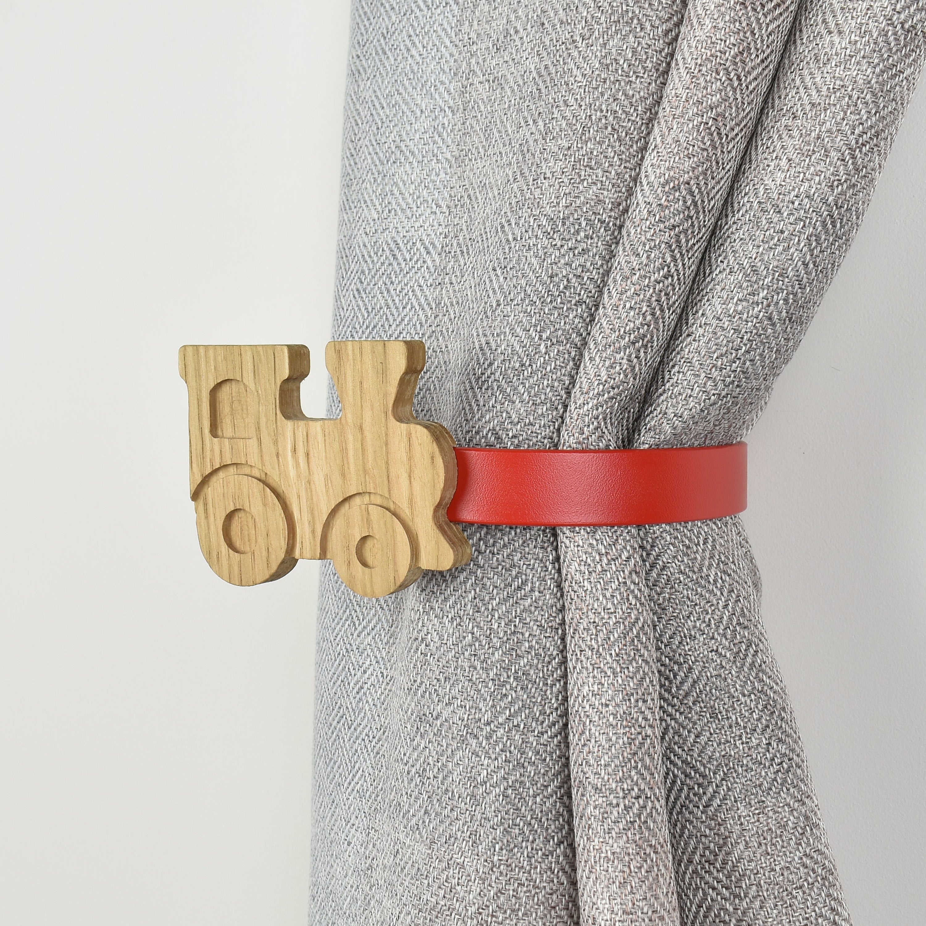 Transport theme curtain tieback right side view - Train oak tieback for kids