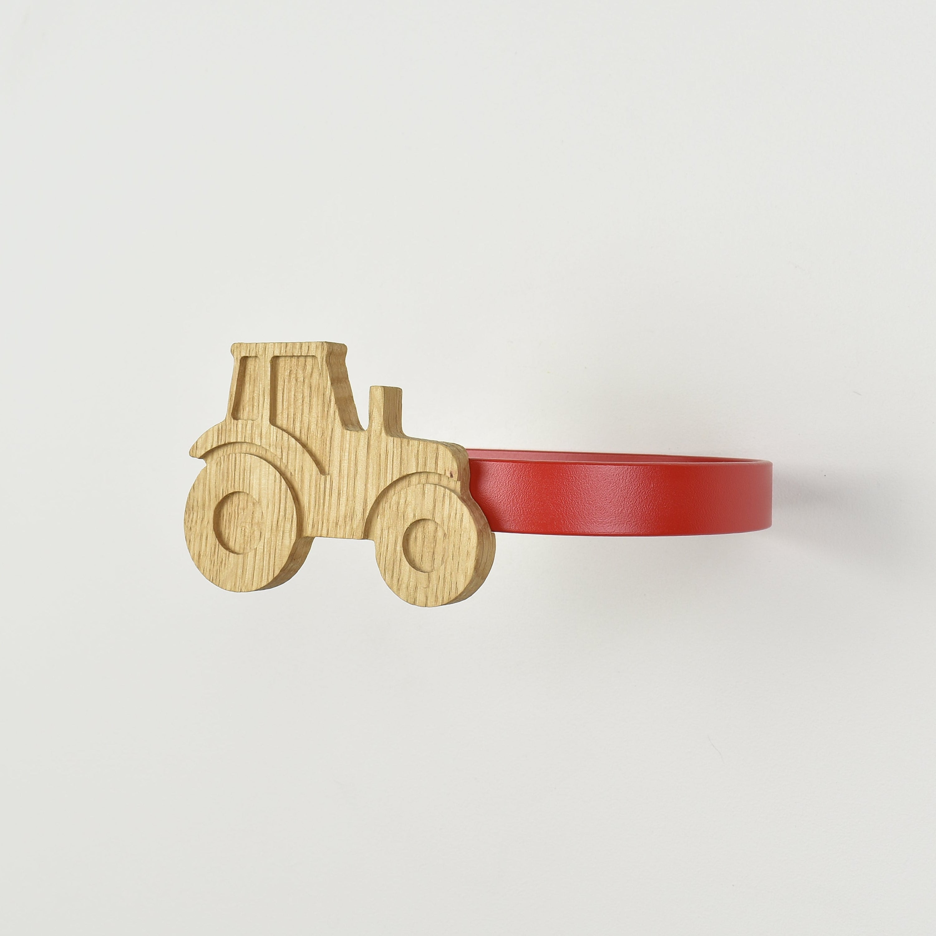 Farmyard curtain tieback side view showing metal tieback - oak tiebacks for kids