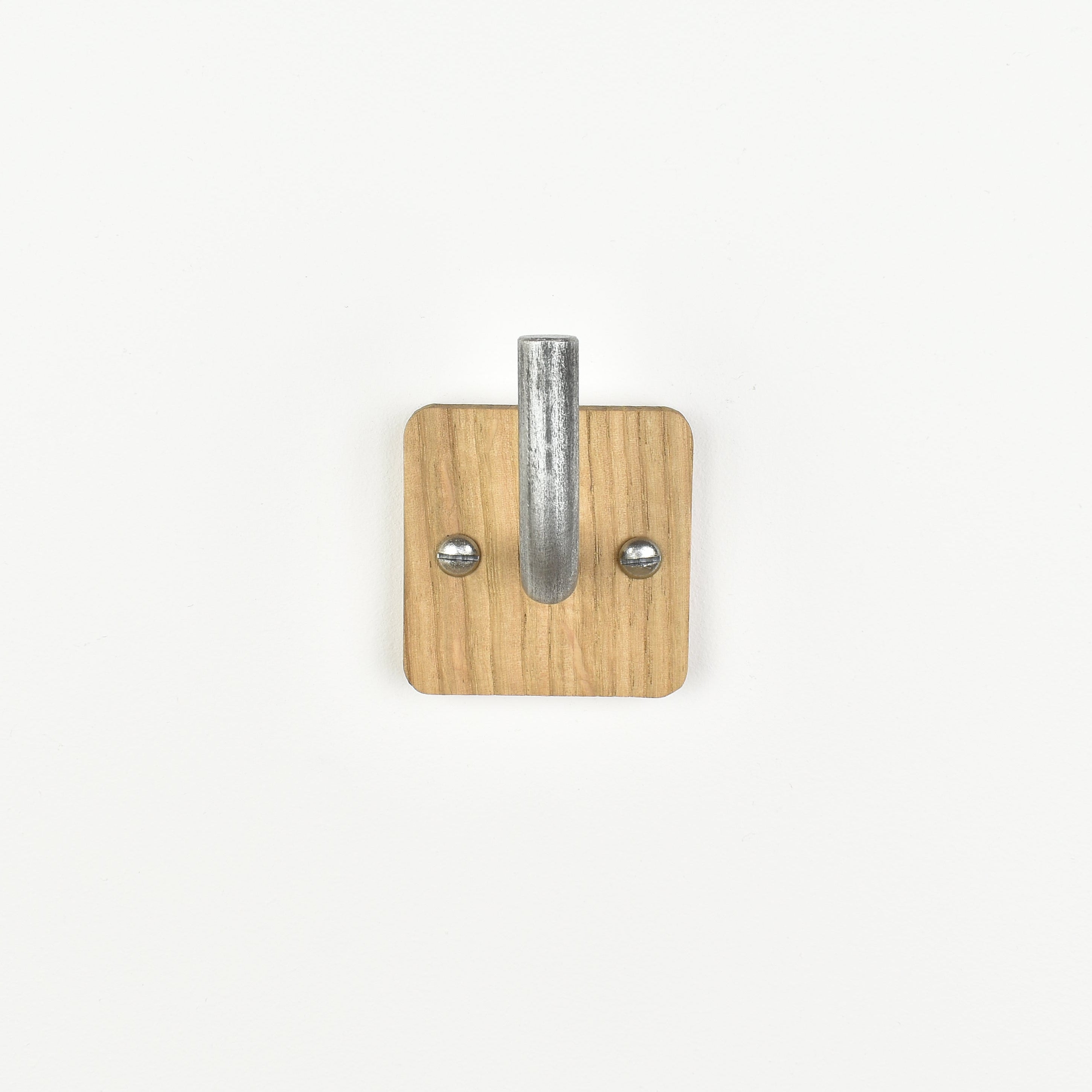 solid oak wall hook with pewter metal bar - front view