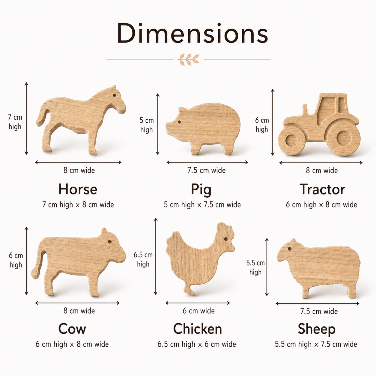 Farm animal oak drawer knobs size guide showing horse, pig, tractor, cow, chicken and sheep dimensions