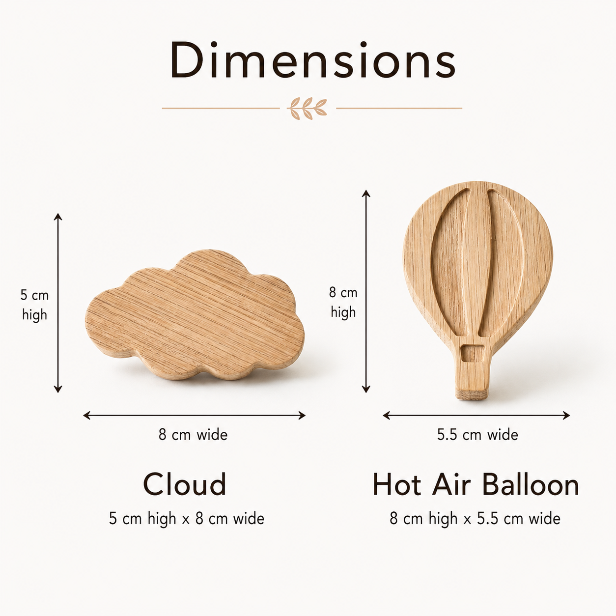 Cloud and hot air balloon oak drawer knobs size guide showing height and width dimensions