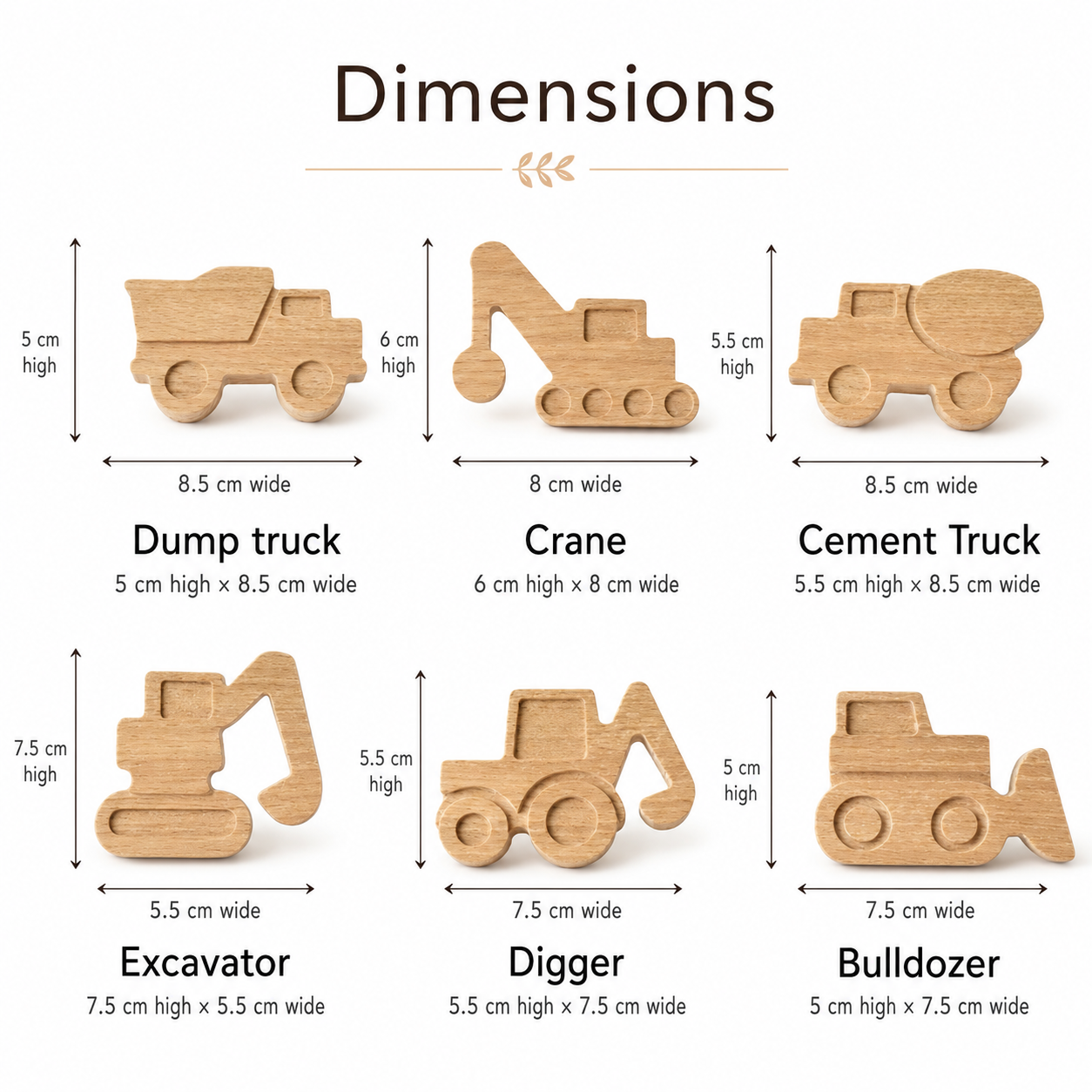 Construction vehicle oak drawer knobs size guide showing dump truck, crane, cement truck, excavator, digger and bulldozer dimensions