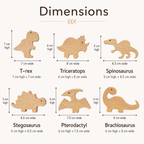 Dinosaur oak drawer knobs size guide showing T rex, triceratops, spinosaurus, stegosaurus, pterodactyl and brachiosaurus dimensions