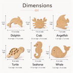Ocean animal oak drawer knobs size guide showing dolphin, crab, angelfish, turtle, seahorse and whale dimensions