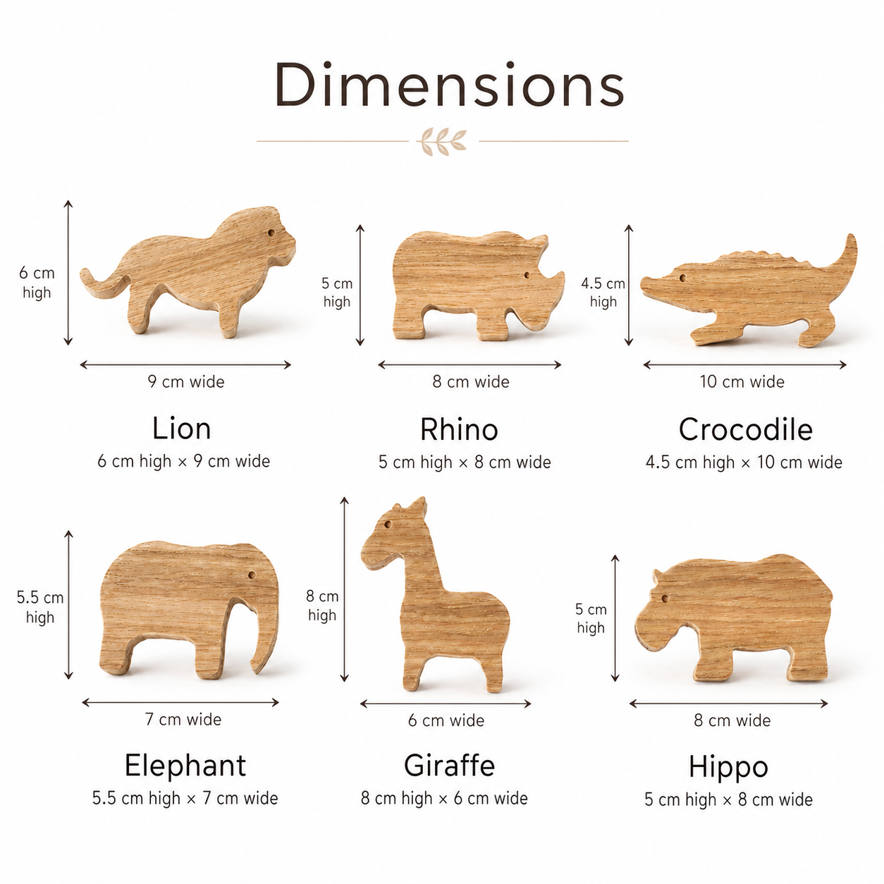 Safari animal oak drawer knobs size guide showing lion, rhino, crocodile, elephant, giraffe and hippo dimensions