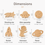 Space themed oak drawer knobs size guide showing shooting star, alien spaceship, moon, rocket, astronaut and planet dimensions