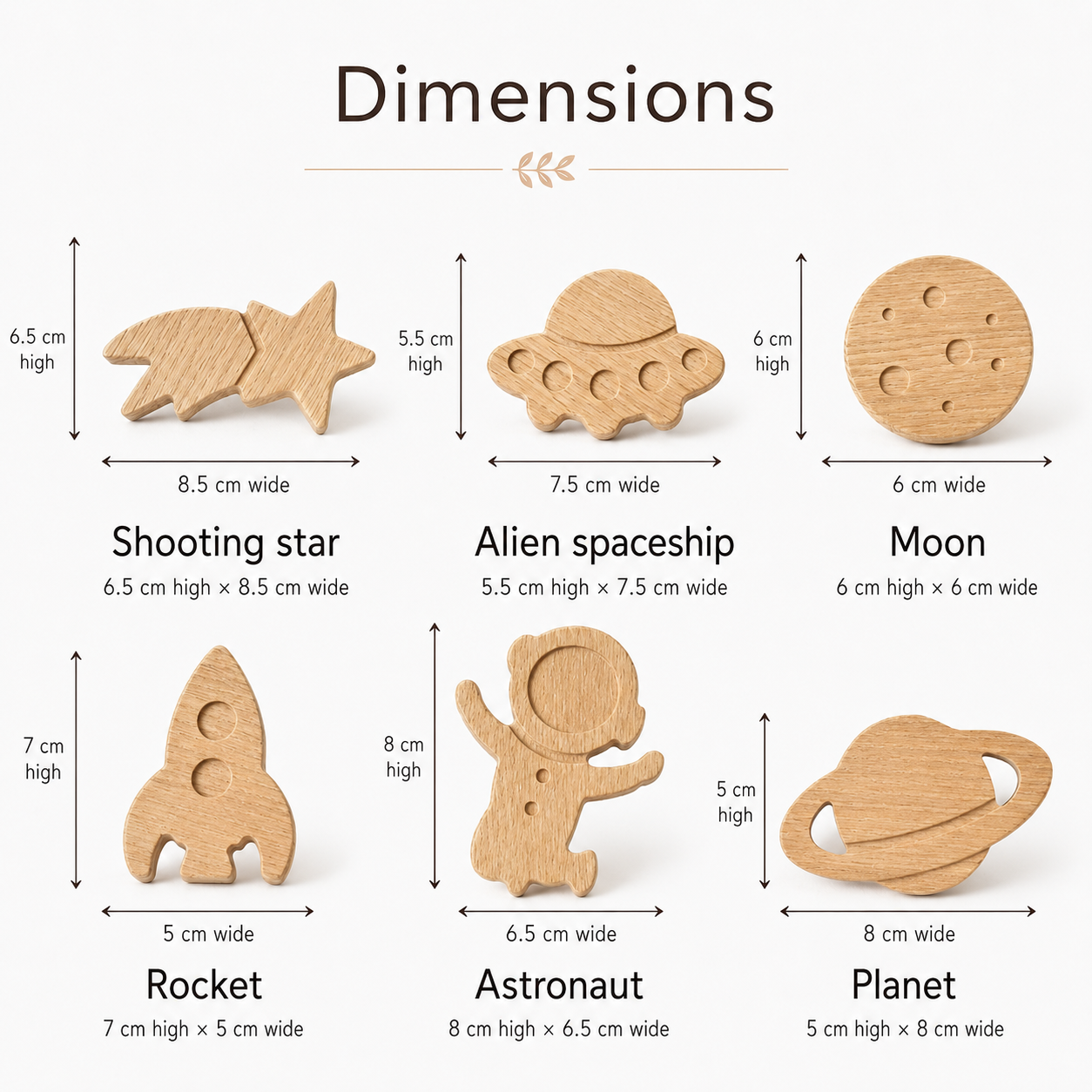 Space themed oak drawer knobs size guide showing shooting star, alien spaceship, moon, rocket, astronaut and planet dimensions