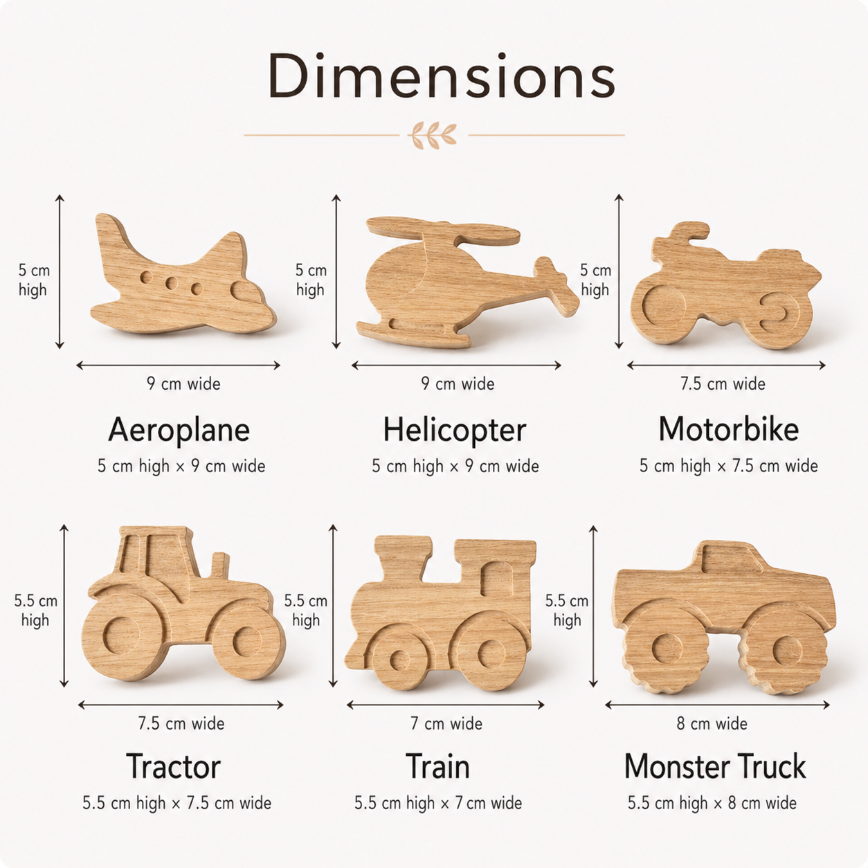Transport vehicle oak drawer knobs size guide showing aeroplane, helicopter, motorbike, tractor, train and monster truck dimensions