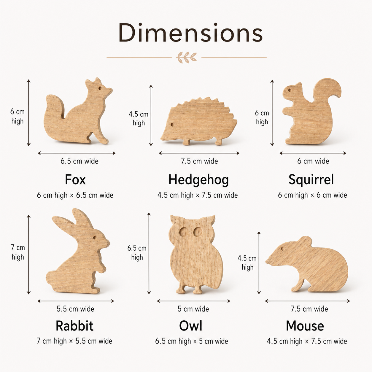 Woodland animal oak drawer knobs size guide showing fox, hedgehog, squirrel, rabbit, owl and mouse dimensions