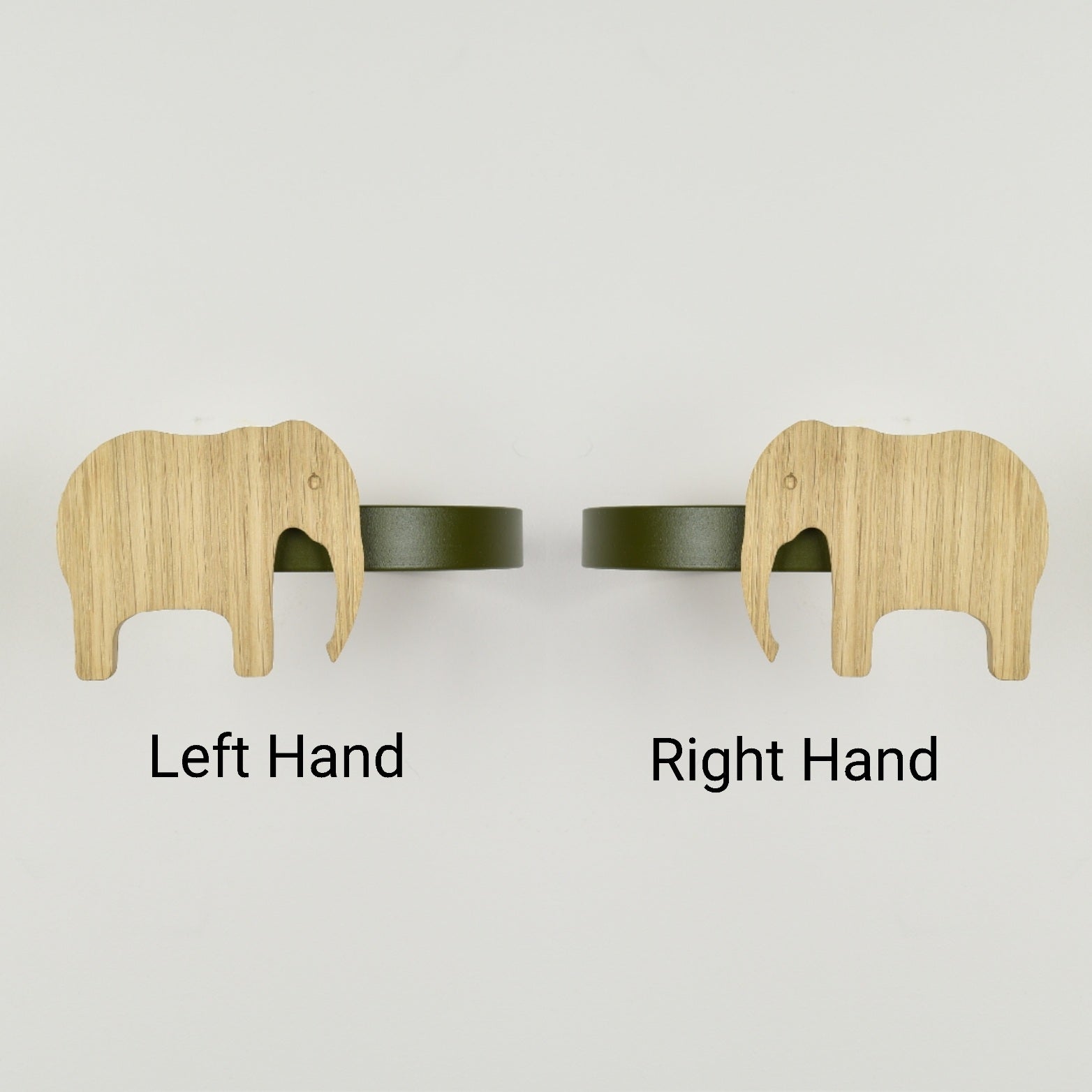 Safari animal curtain tiebacks showing right hand and left hand options - Elephant oak tiebacks for kids