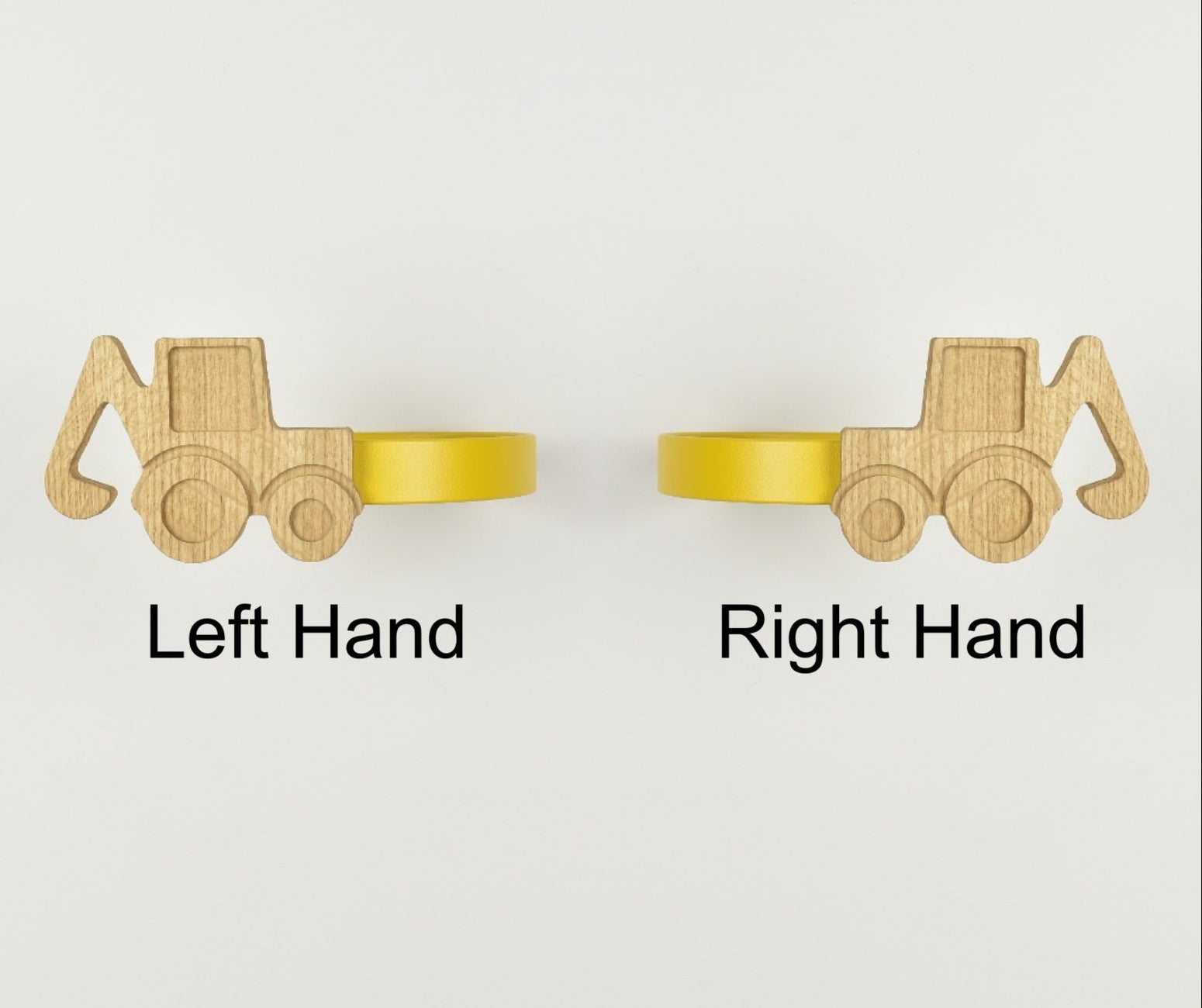 Construction curtain tiebacks showing right hand and left hand options - Tractor oak tiebacks for kids