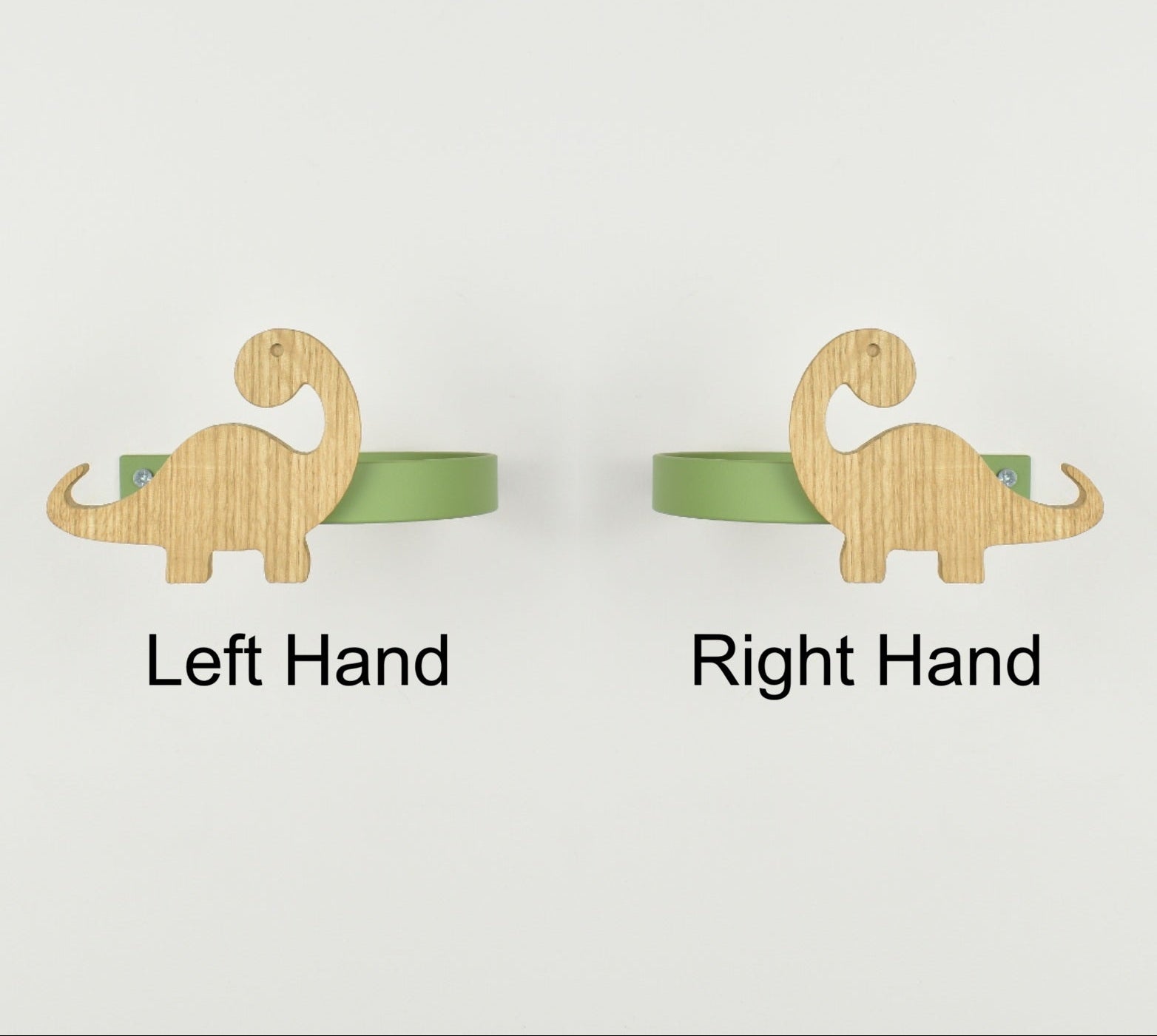 Dinosaur curtain tiebacks showing right hand and left hand options - Brachiosaurus oak tiebacks for kids